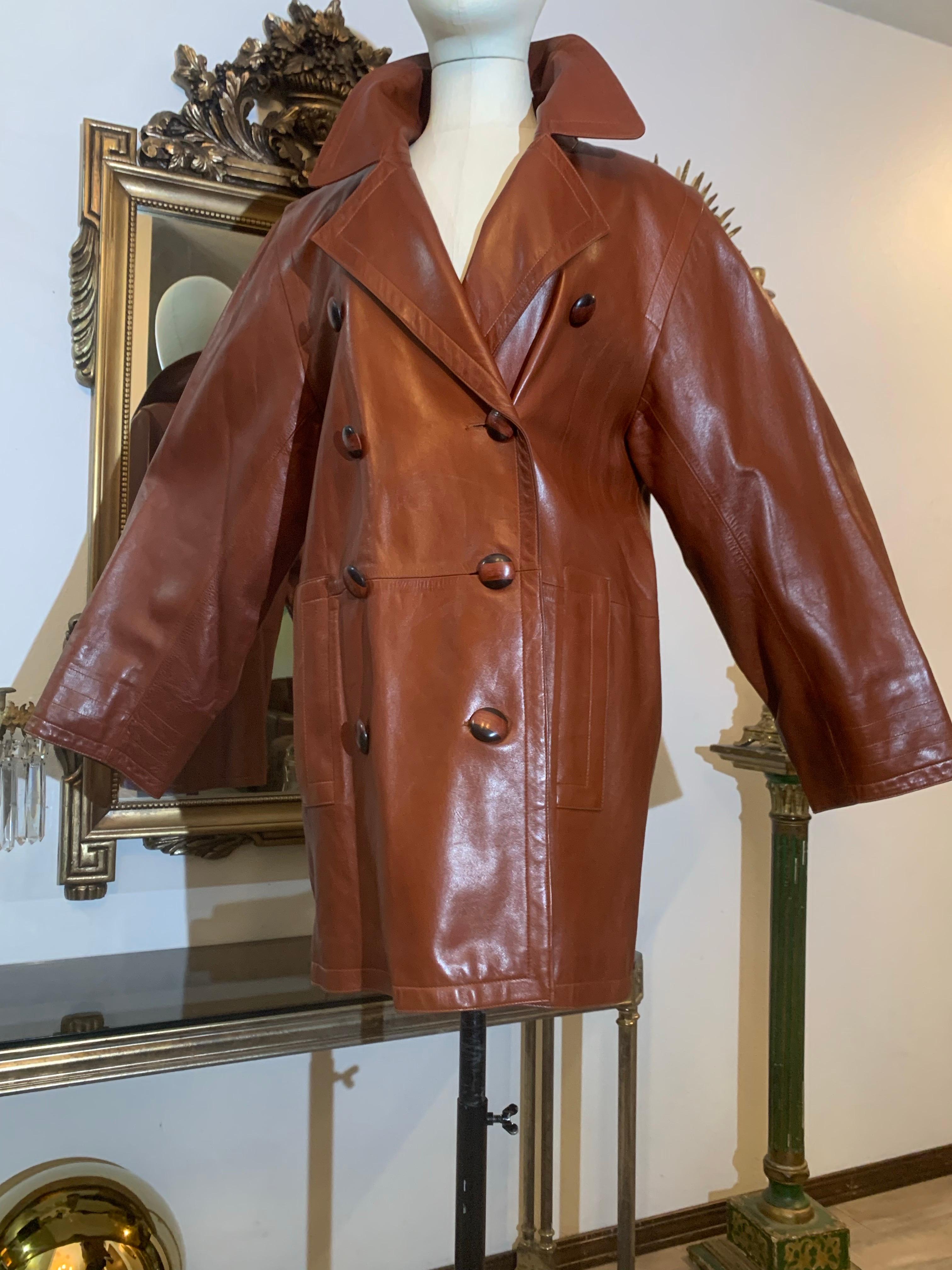 1980s Yves Saint Laurent Cognac Lambskin Leather Double-Breasted Trench Coat In Excellent Condition For Sale In Gresham, OR