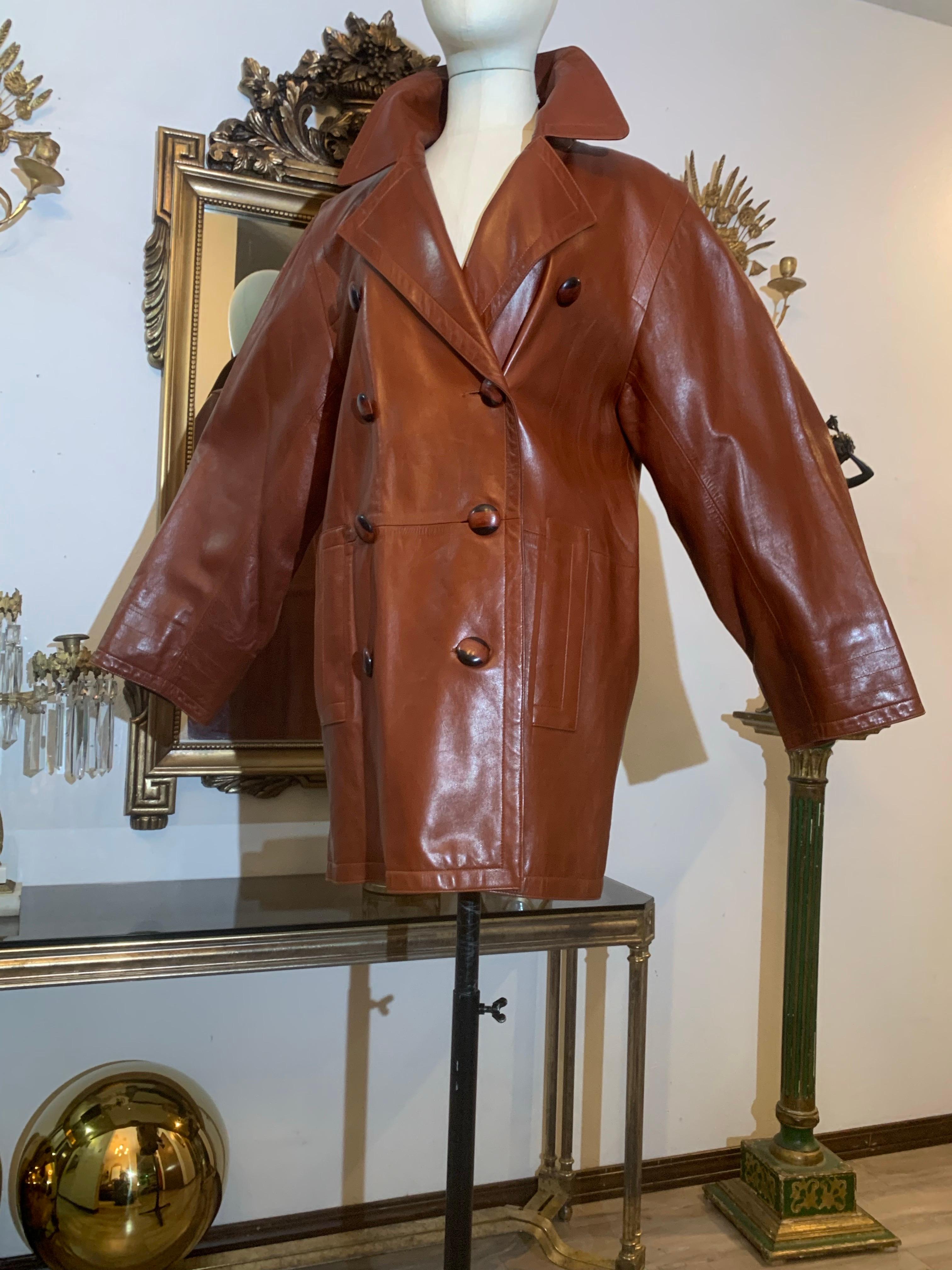 Women's 1980s Yves Saint Laurent Cognac Lambskin Leather Double-Breasted Trench Coat For Sale