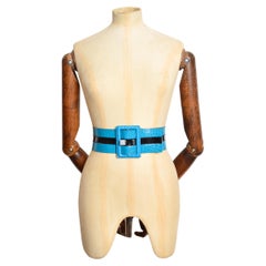 1980’s Yves Saint Laurent Electric Blue Moc Croc Leather Statement Waist Belt