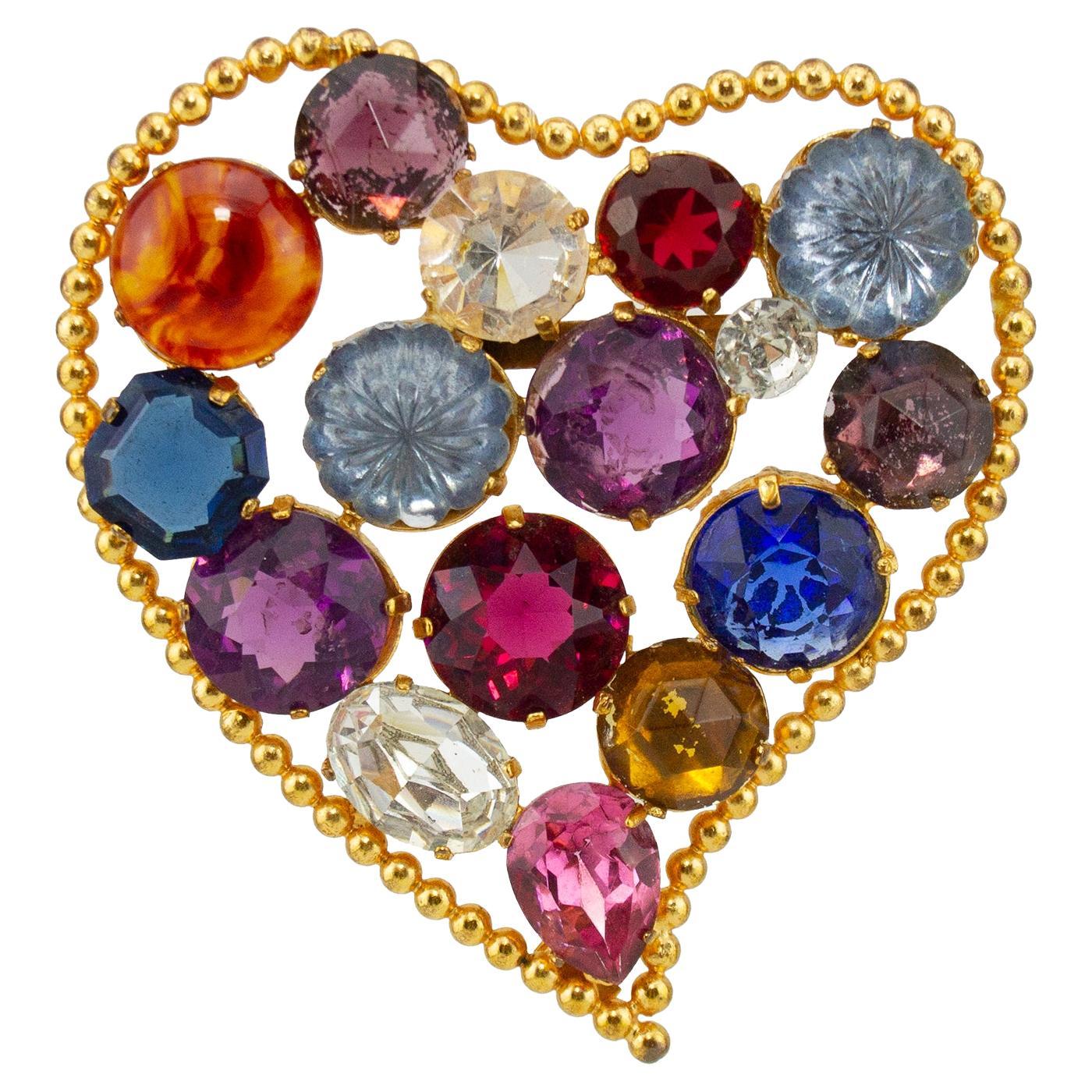 1980s Yves Saint Laurent Gilt Metal & Faceted Glass Heart Shaped Brooch  For Sale