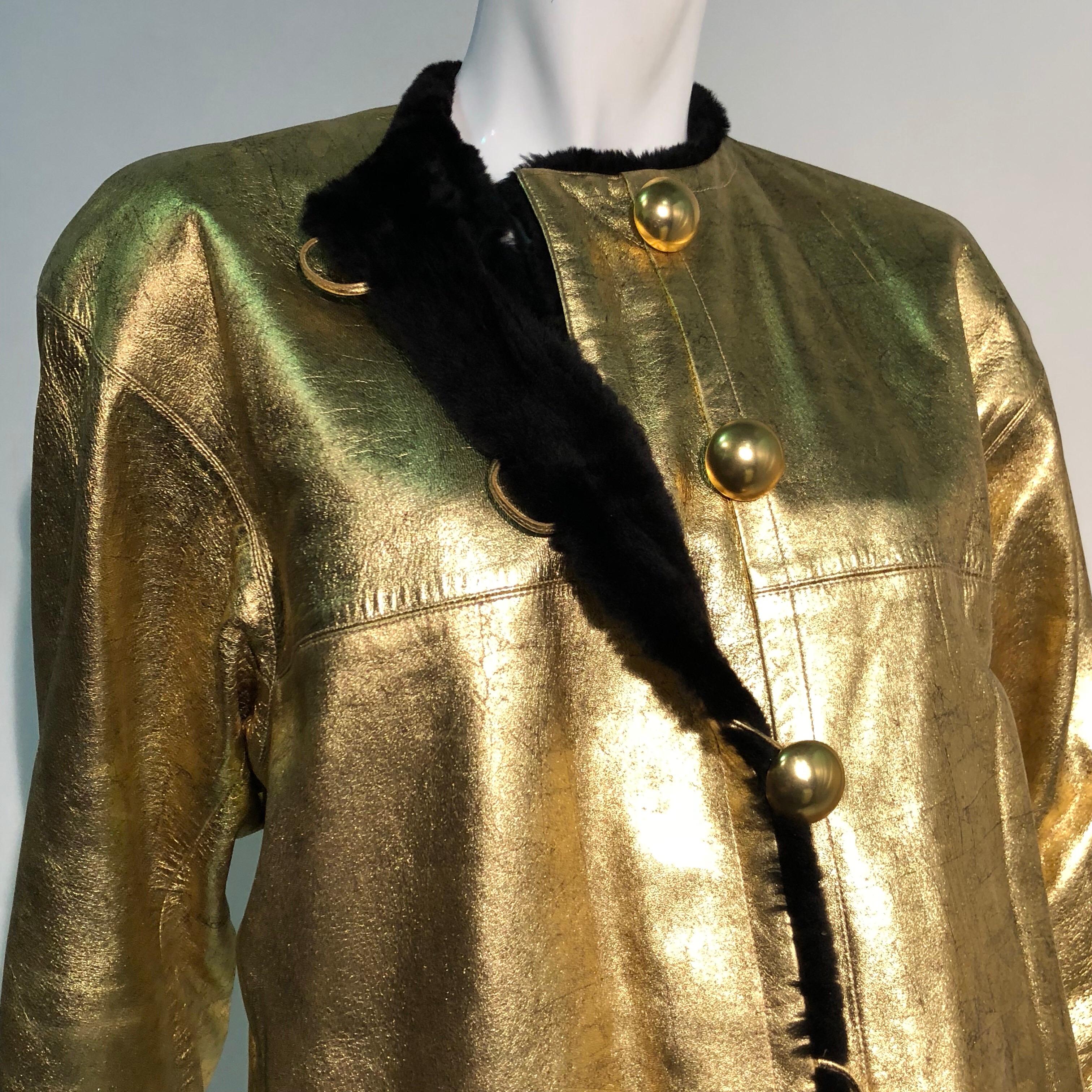 Brown 1980s Yves Saint Laurent Gold Leather Coat W/ Black Sheared Fur Interior  For Sale