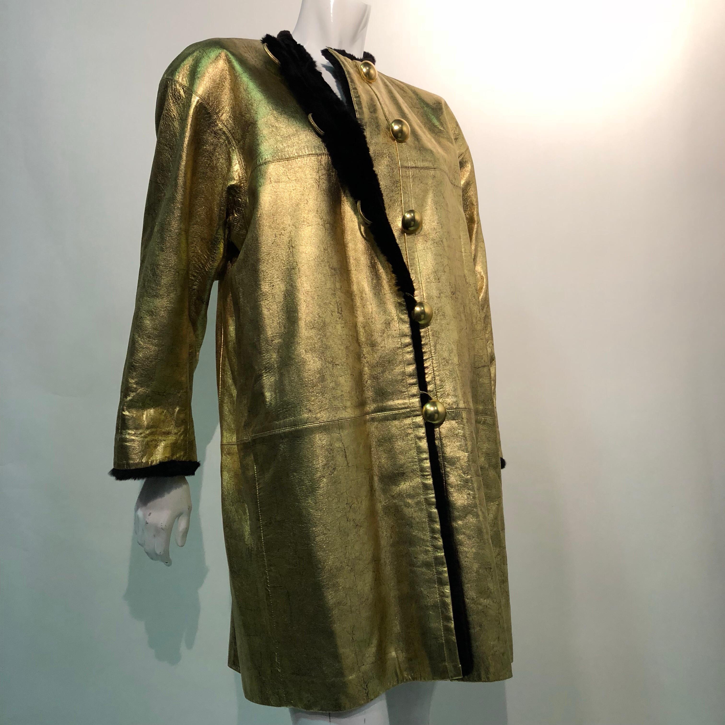 1980s Yves Saint Laurent Gold Leather Coat W/ Black Sheared Fur Interior In Excellent Condition For Sale In Gresham, OR