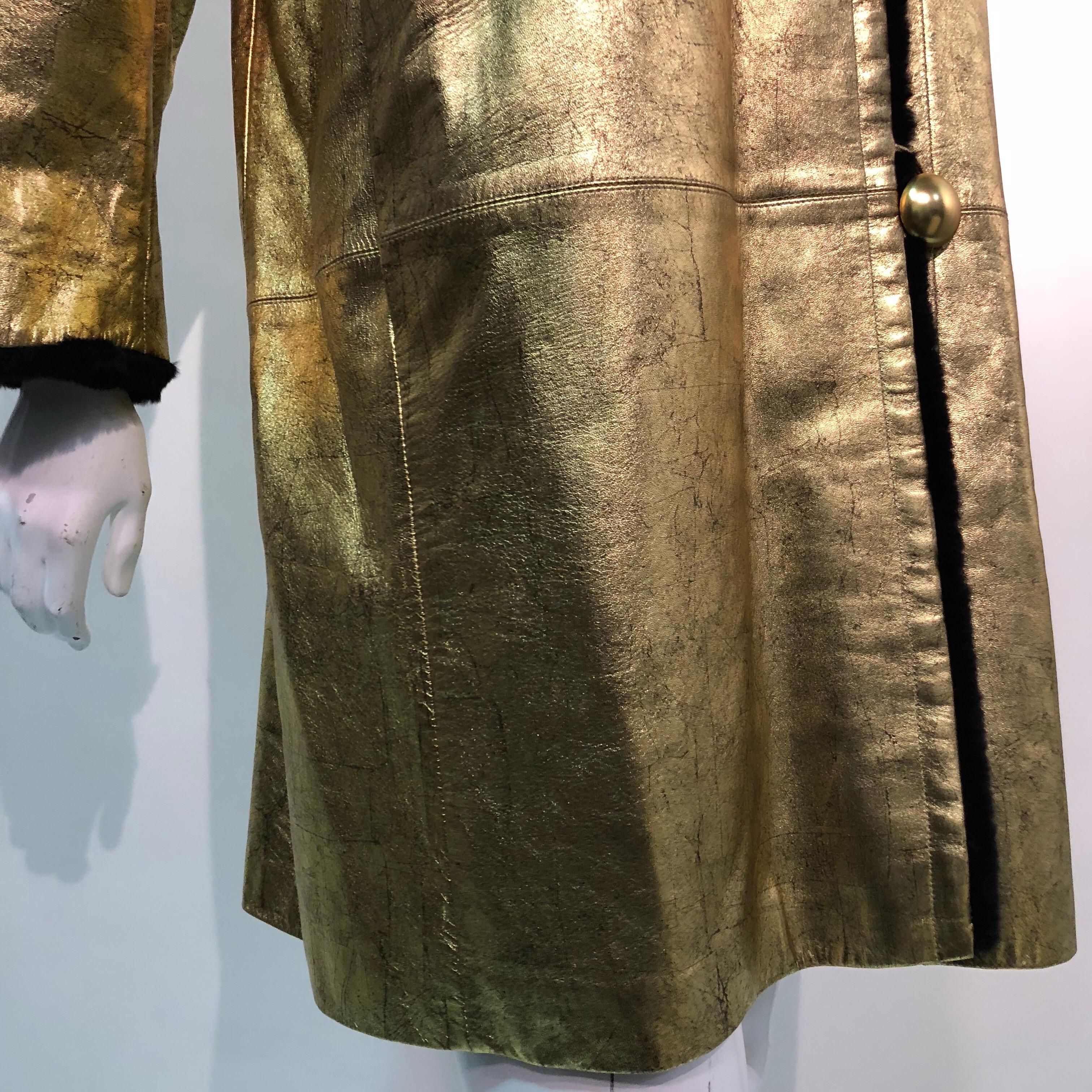 Women's 1980s Yves Saint Laurent Gold Leather Coat W/ Black Sheared Fur Interior  For Sale