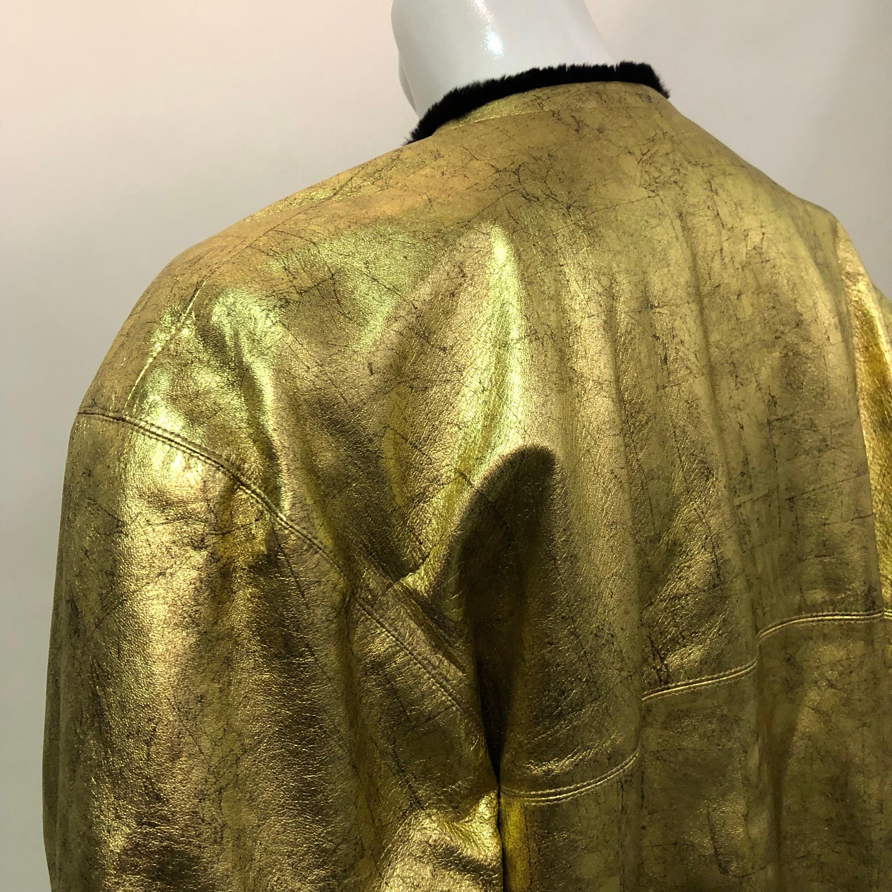 1980s Yves Saint Laurent Gold Leather Coat W/ Black Sheared Fur Interior  For Sale 1