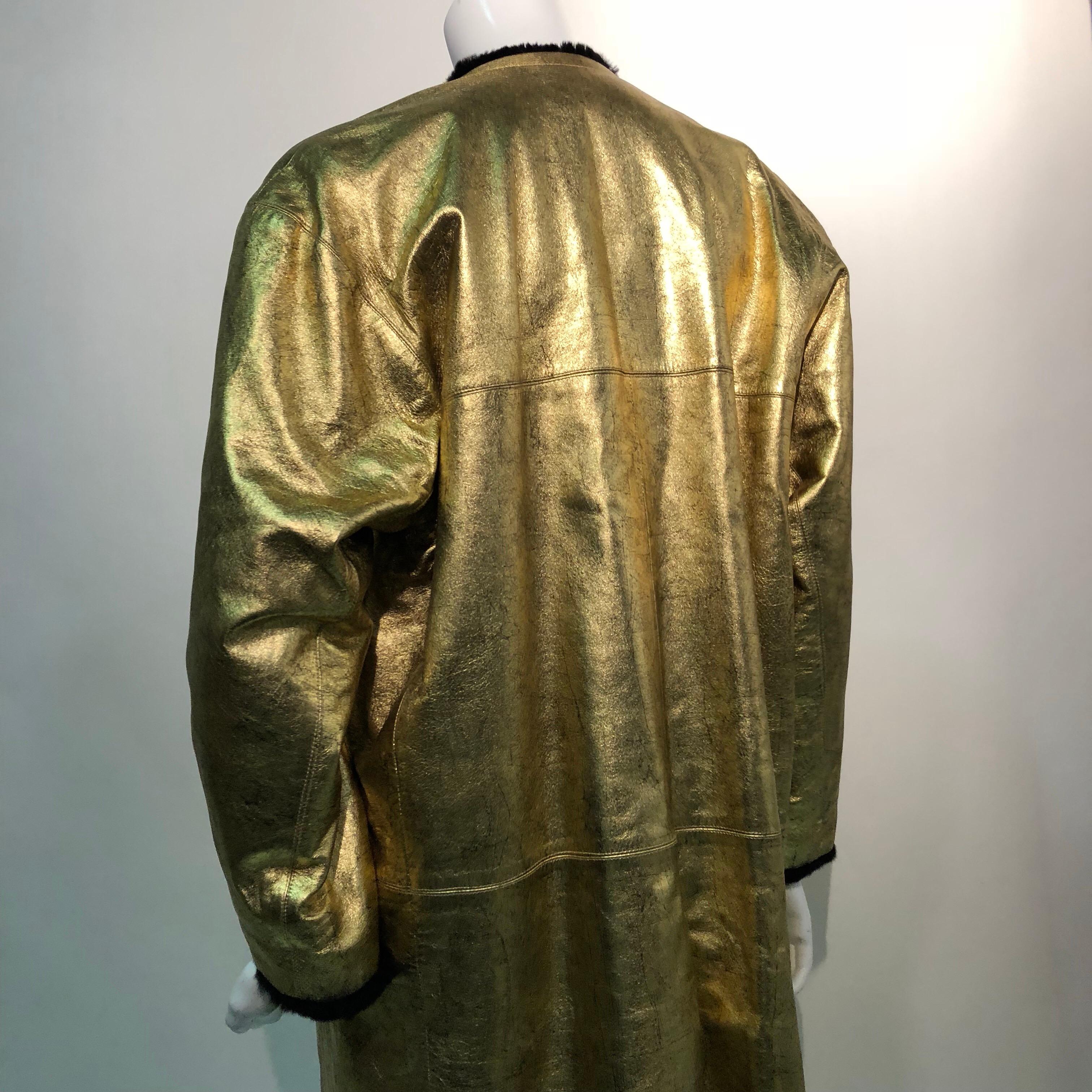 1980s Yves Saint Laurent Gold Leather Coat W/ Black Sheared Fur Interior  For Sale 3