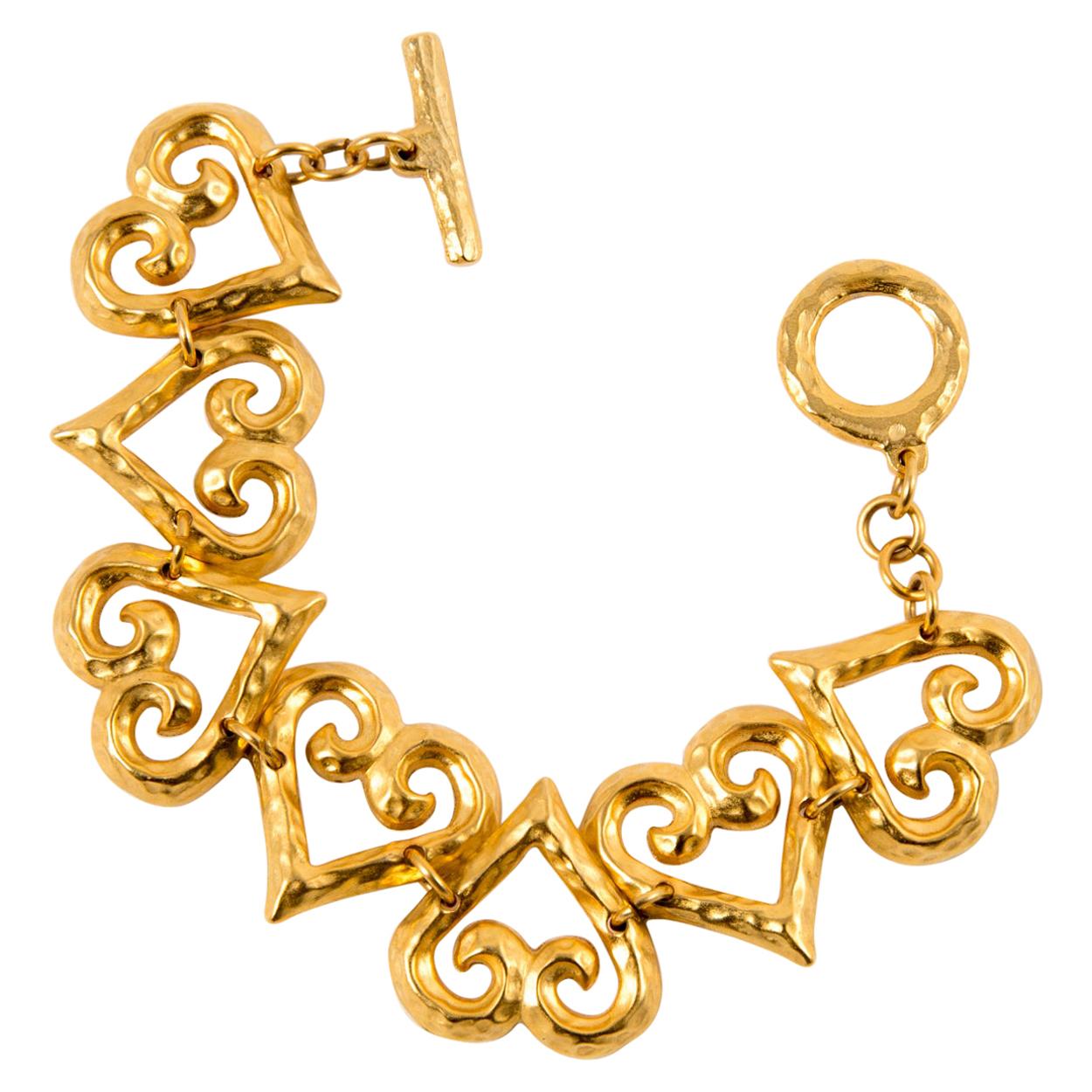 1980s Yves Saint Laurent Gold Tone Hearts Chain Bracelet
