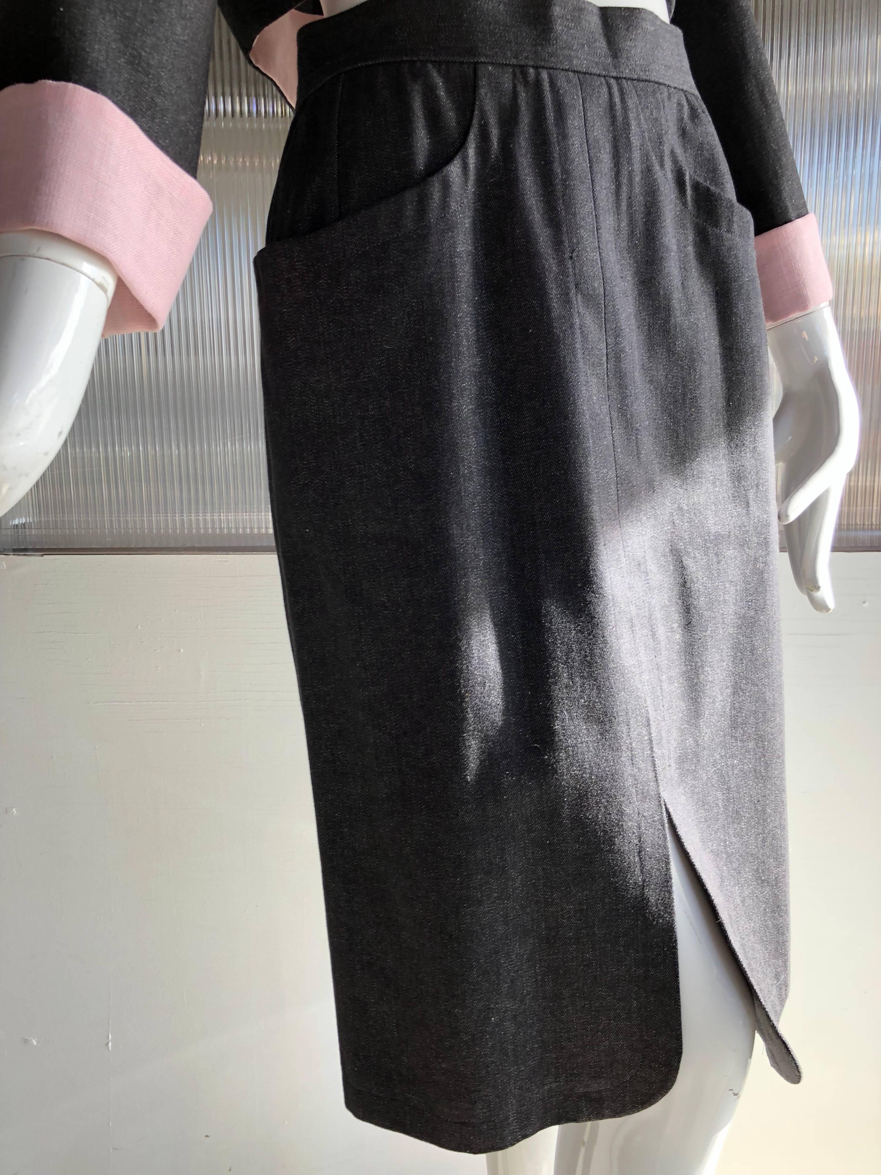 Yves Saint Laurent Gray Denim Pink Linen Trim Skirt and Jacket Ensemble, 1980 5