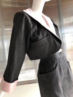 Yves Saint Laurent Gray Denim Pink Linen Trim Skirt and Jacket Ensemble, 1980