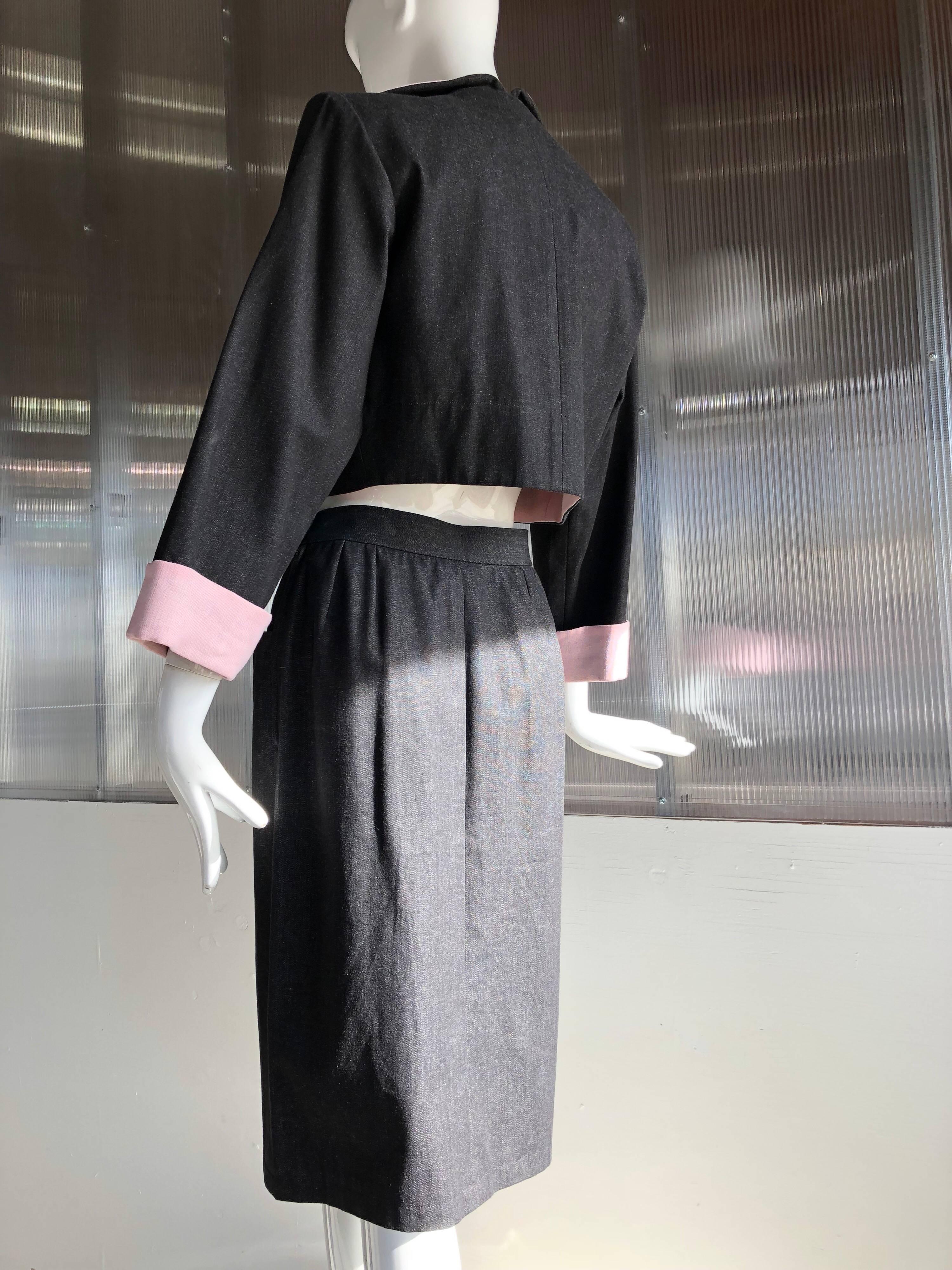 Women's Yves Saint Laurent Gray Denim Pink Linen Trim Skirt and Jacket Ensemble, 1980