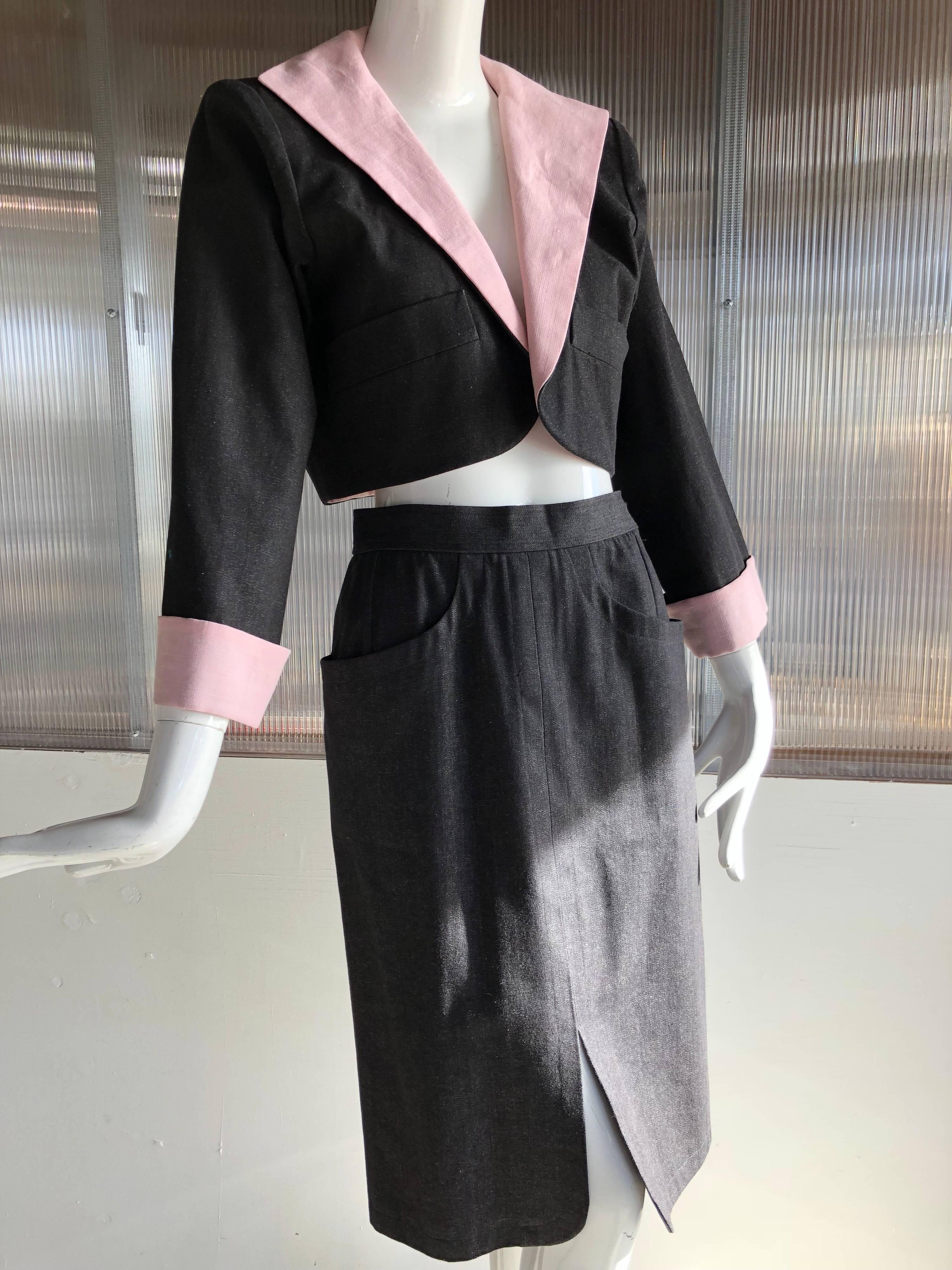 Yves Saint Laurent Gray Denim Pink Linen Trim Skirt and Jacket Ensemble, 1980 1