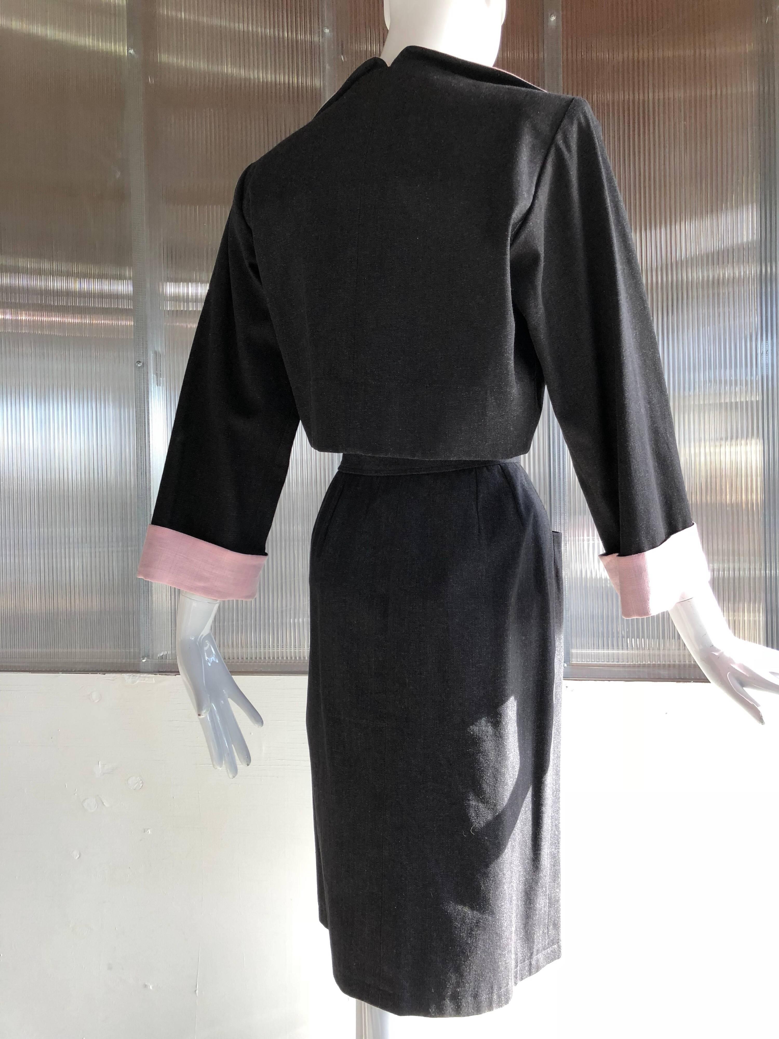 Yves Saint Laurent Gray Denim Pink Linen Trim Skirt and Jacket Ensemble, 1980 2