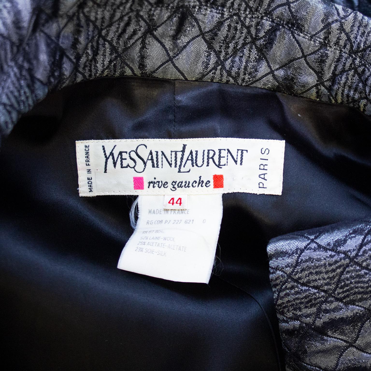1980s Yves Saint Laurent Gunmetal Quilted Snakeskin Pattern Jacket In Good Condition For Sale In Toronto, Ontario