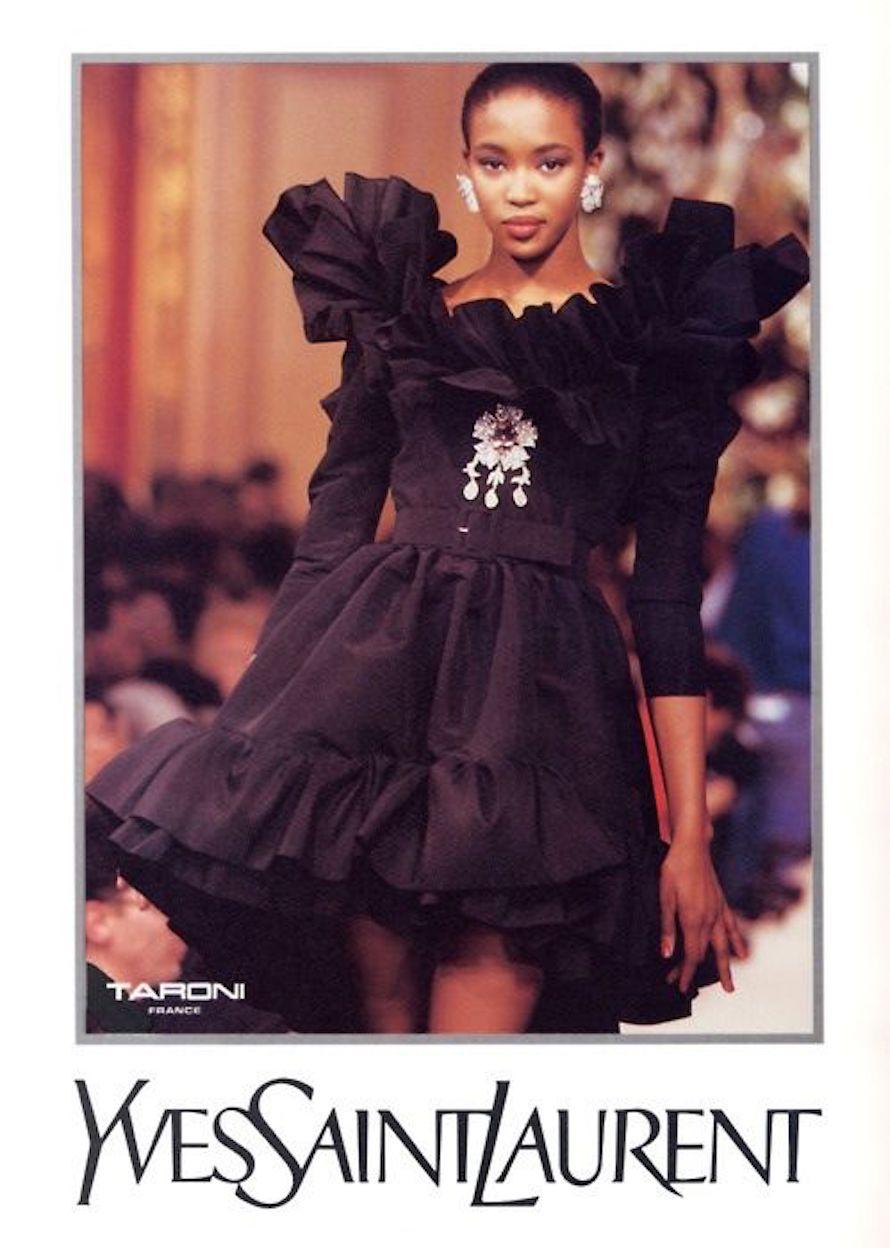 1980s Yves Saint Laurent Haute Couture Brooch Detail Black Evening Dress 5