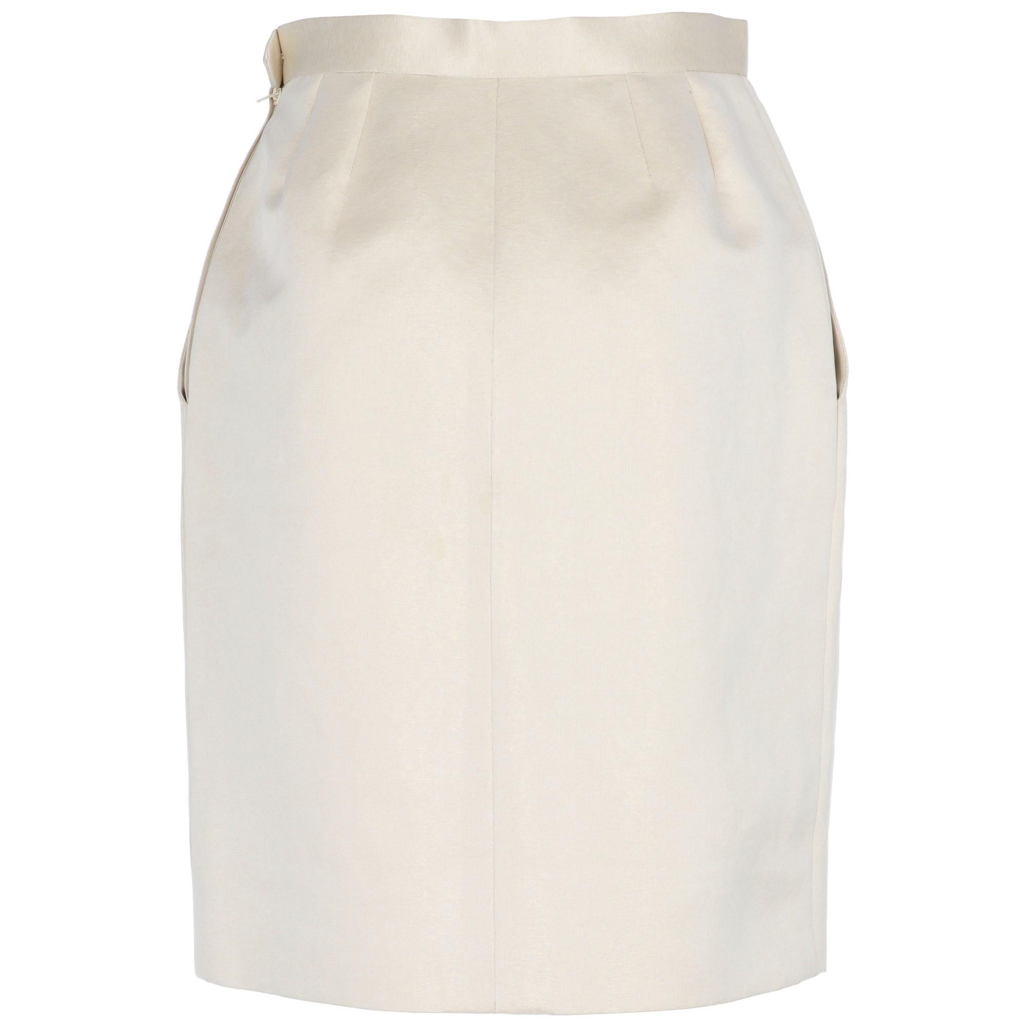 White 1980s Yves Saint Laurent Ivory and Gold Silk Midi Skirt