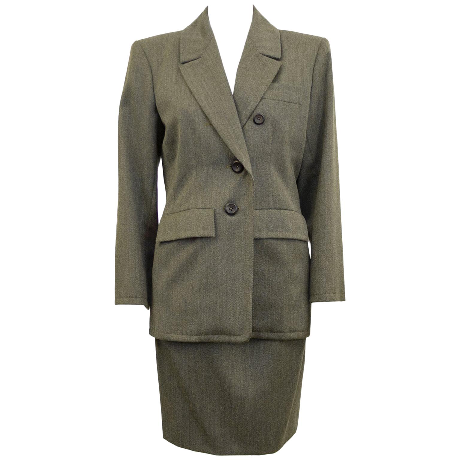 1980s Yves Saint Laurent Khaki Wool Skirt Suit  For Sale