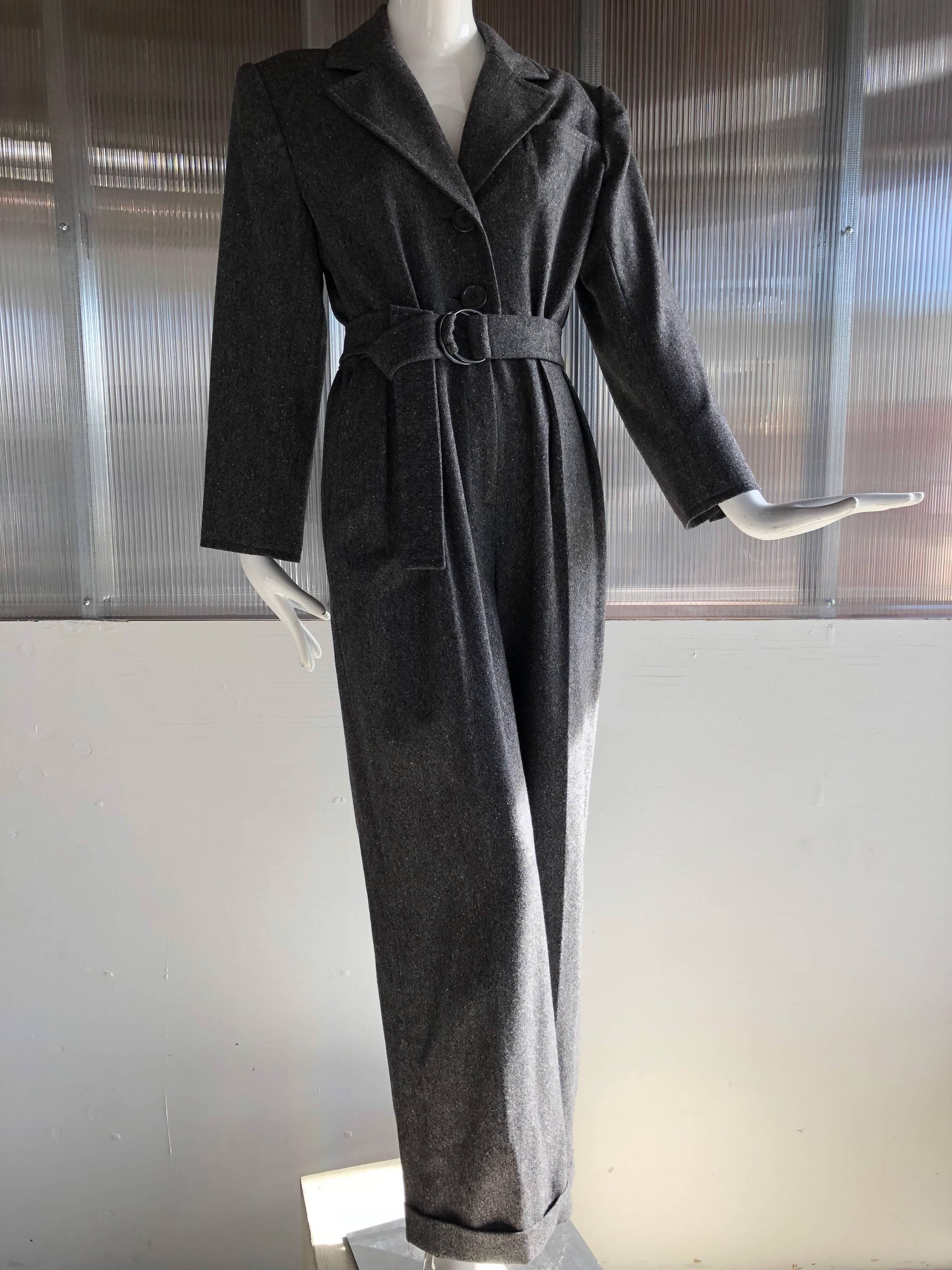 1980s Yves Saint Laurent Menswear-Style Belted Charcoal Wool Jumpsuit In Excellent Condition In Gresham, OR