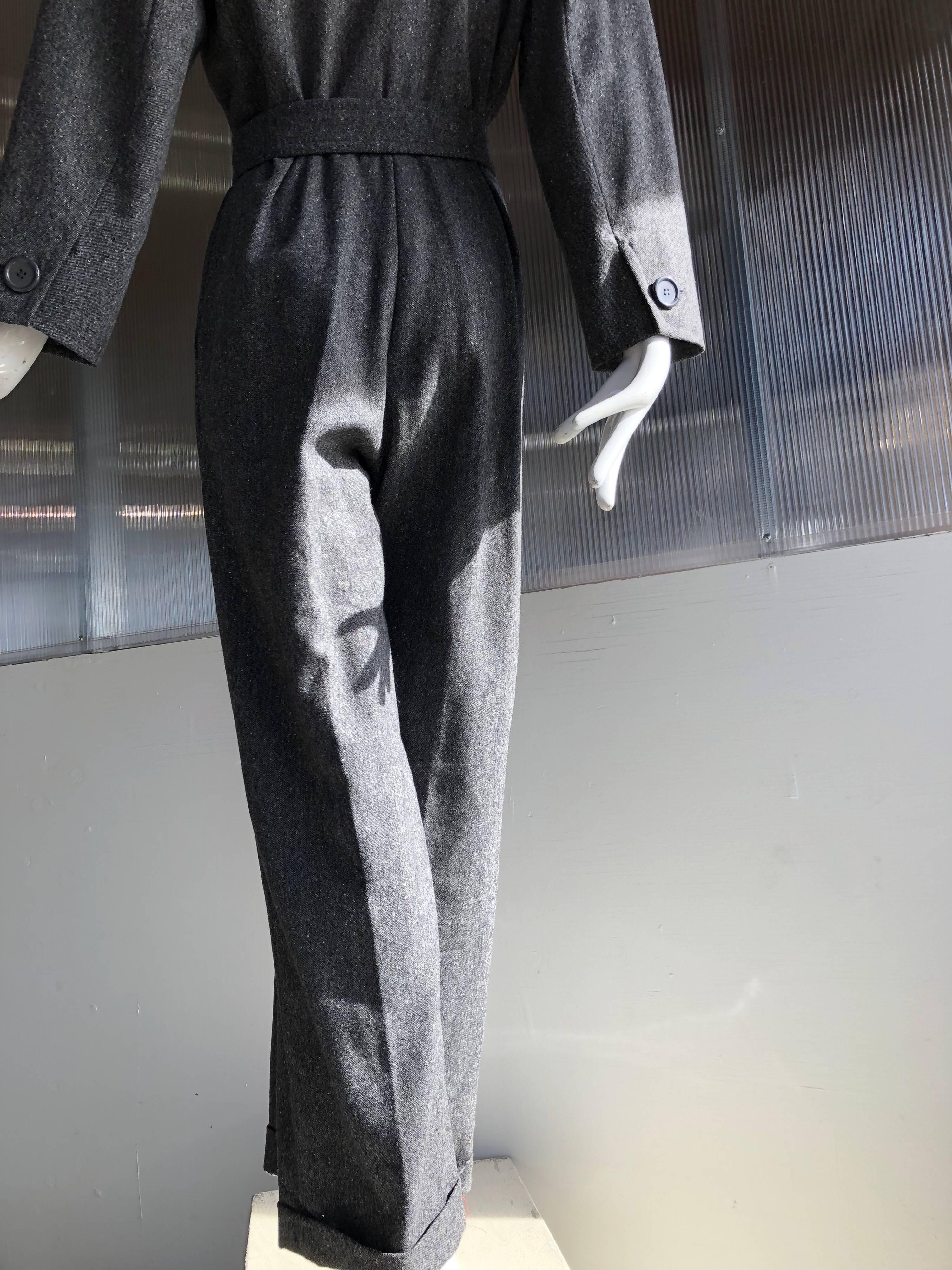 Women's 1980s Yves Saint Laurent Menswear-Style Belted Charcoal Wool Jumpsuit