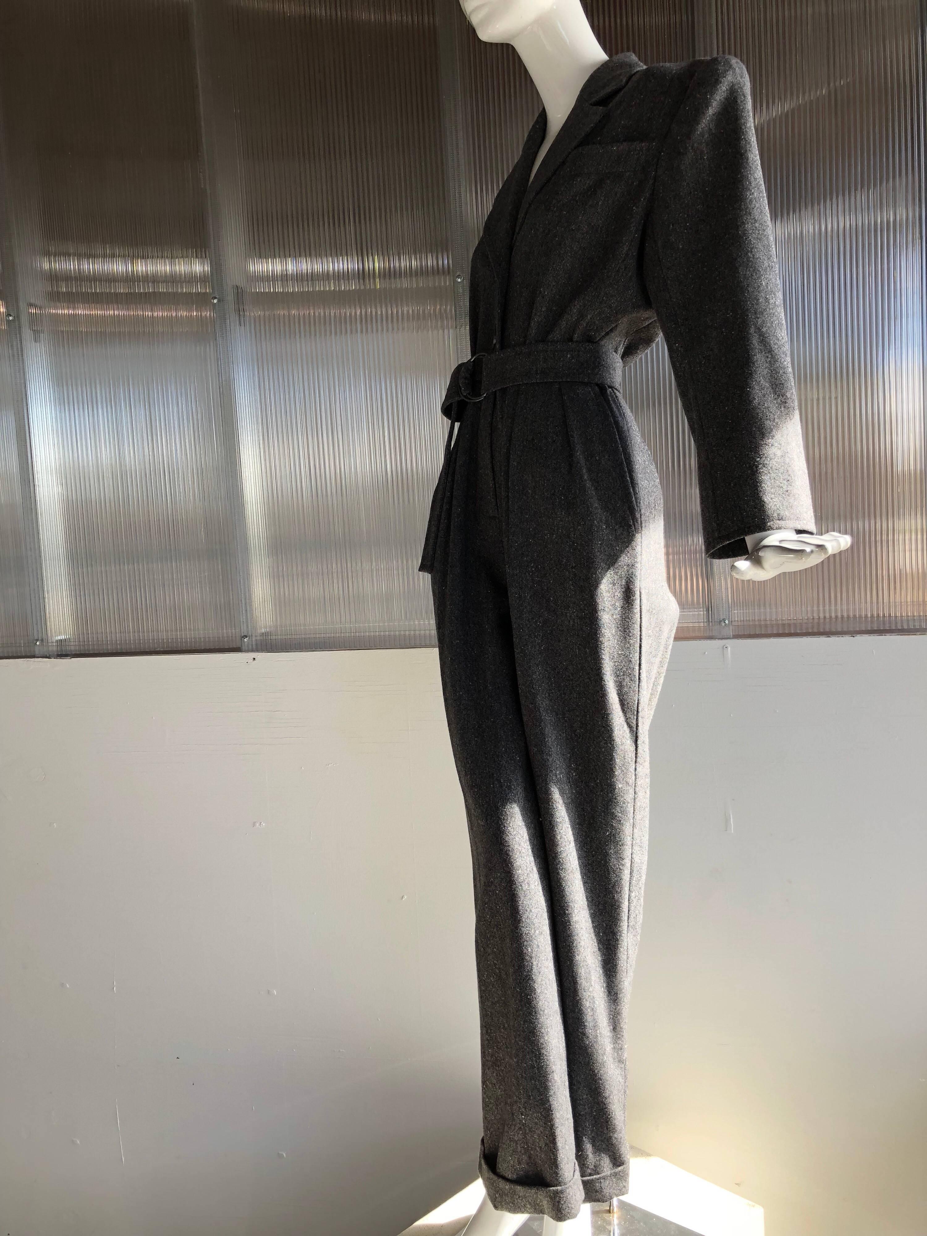 1980s Yves Saint Laurent Menswear-Style Belted Charcoal Wool Jumpsuit 1