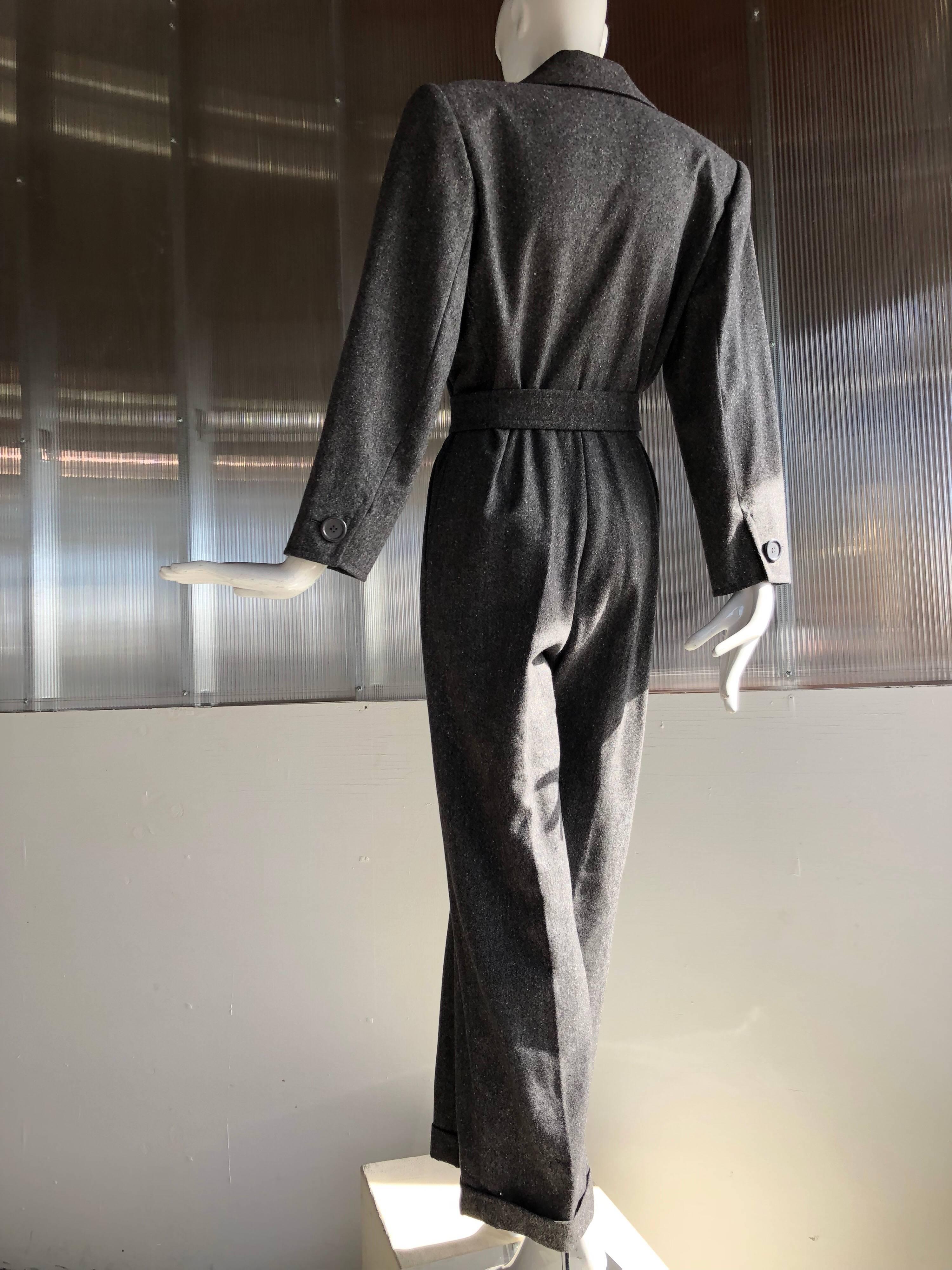 1980s Yves Saint Laurent Menswear-Style Belted Charcoal Wool Jumpsuit 2