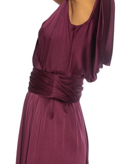 1980S YVES SAINT LAURENT Merlot Haute Couture Silk Satin Draped Gown With Sash