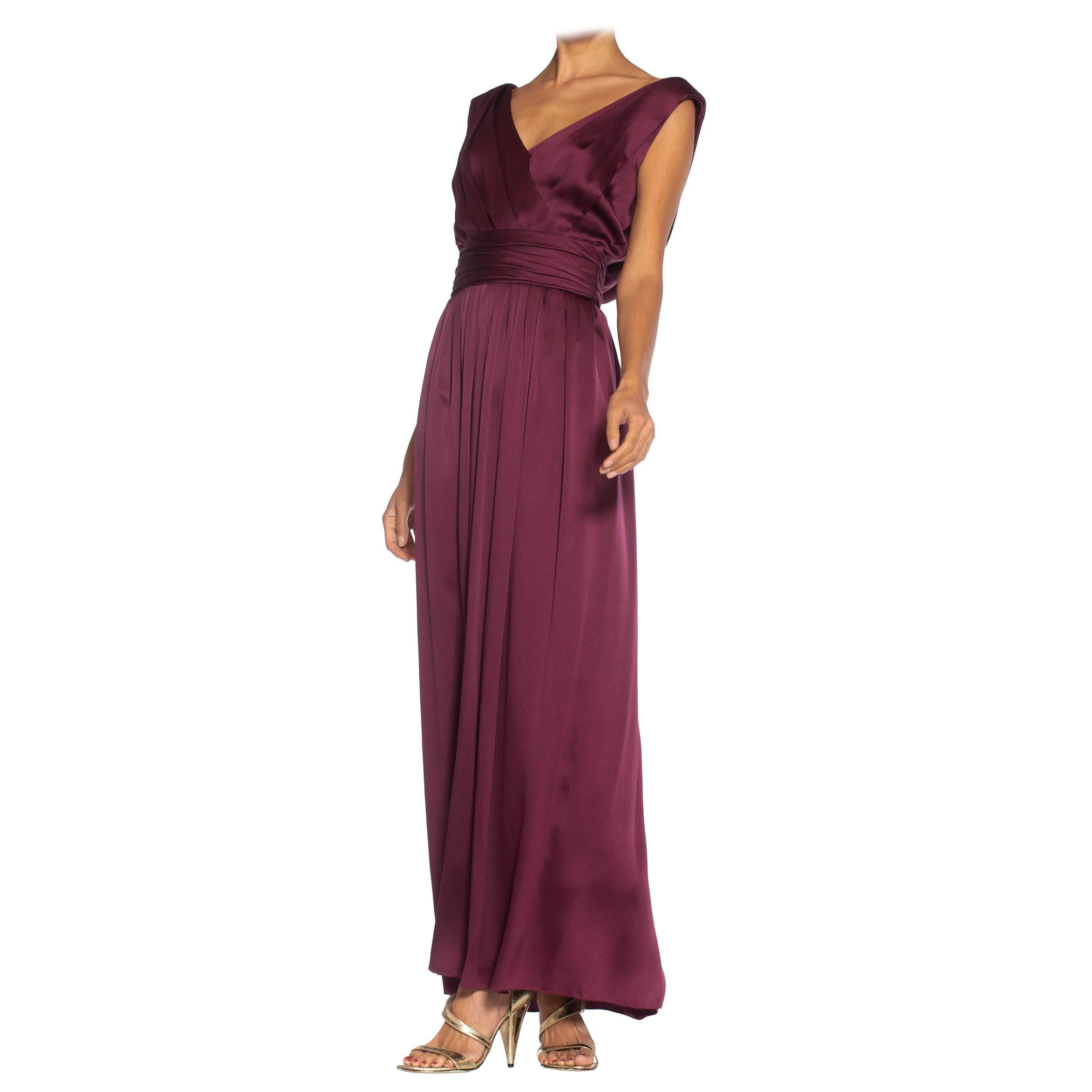 1980S YVES SAINT LAURENT Merlot Haute Couture Silk Satin Draped Gown With Sash 