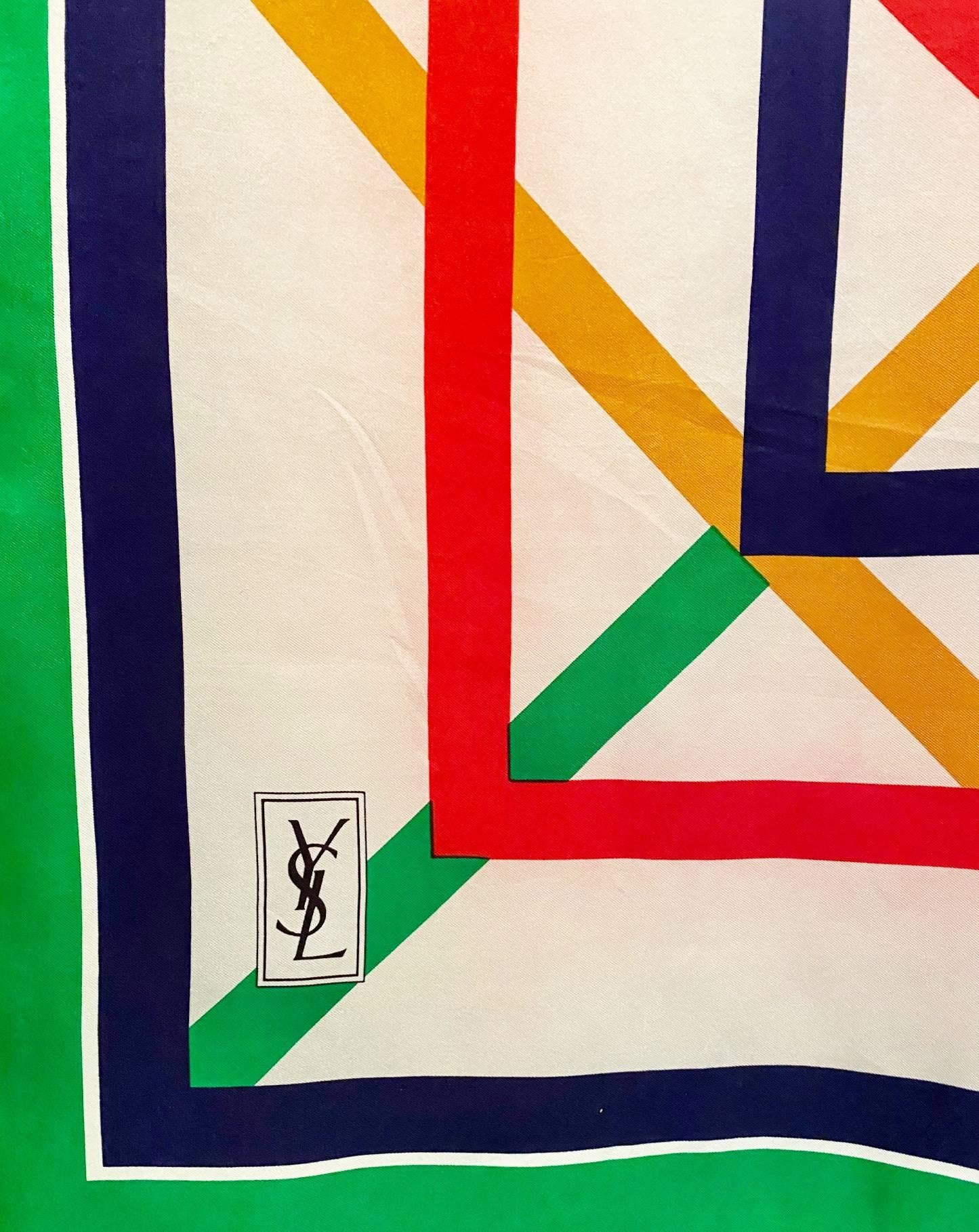 1980s Yves Saint Laurent Multicolor Geometric Prink Silk Scarf 2