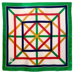 1980s Yves Saint Laurent Multicolor Geometric Prink Silk Scarf
