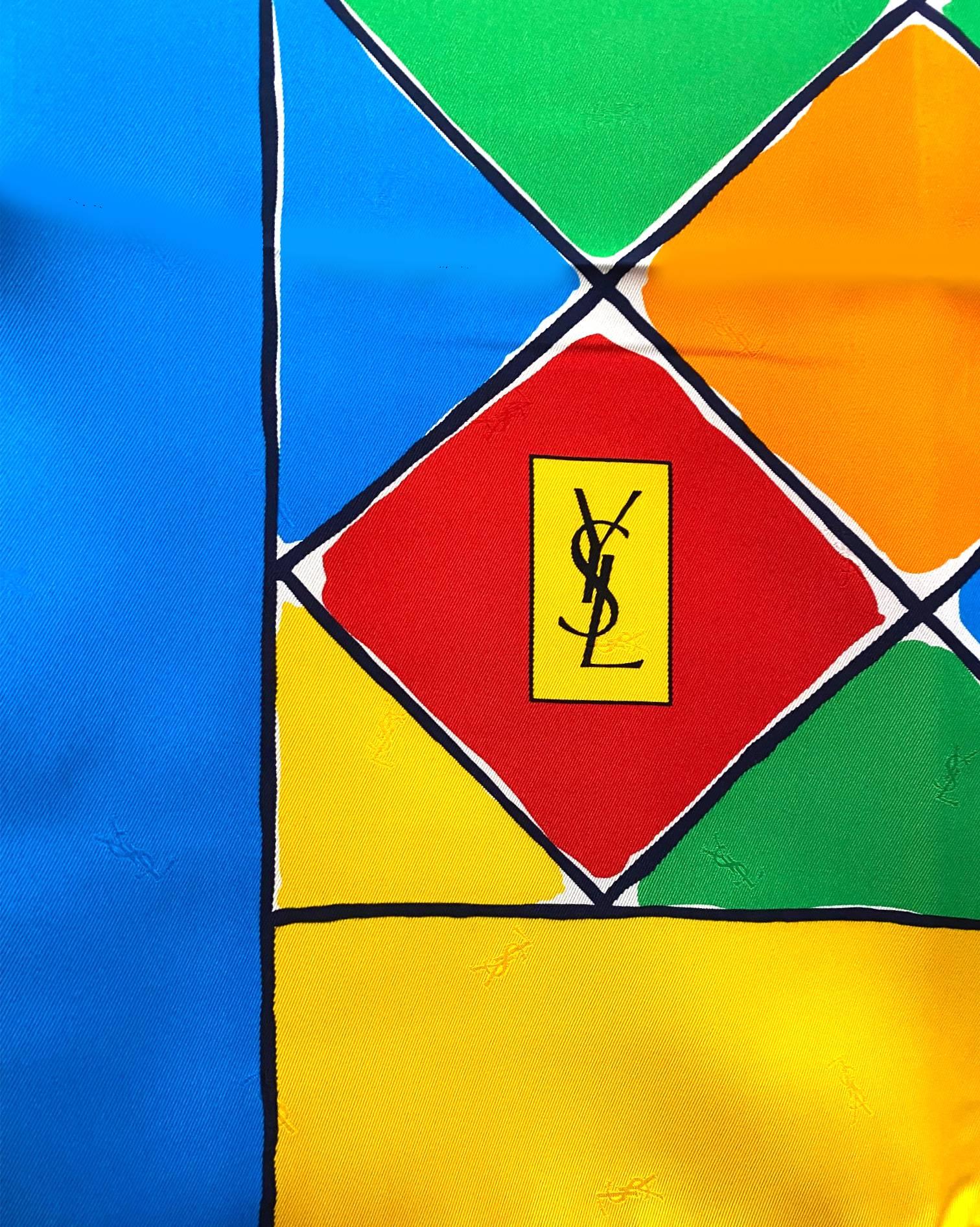 A gorgeous scarf in vibrant primary colors, geometric print, small logo printed detailing, 100% silk, Made in Italy

Condition: vintage, 1980's, excellent, condition consistent with age, comes with original packaging  

Measurements: 33