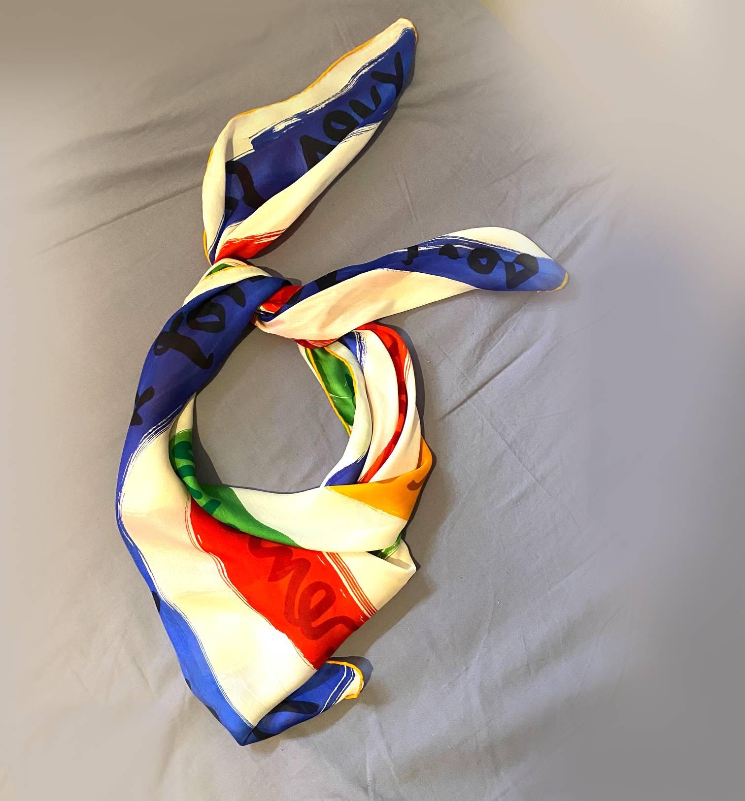 Yves Saint Laurent Silk square scarf, multicolor bold stripes on an ivory background, logo detail, silk chiffon, very light-weighted

Measurements: 84 x 84 cm

Condition: 1980s. very good, light sign of wear, original box included