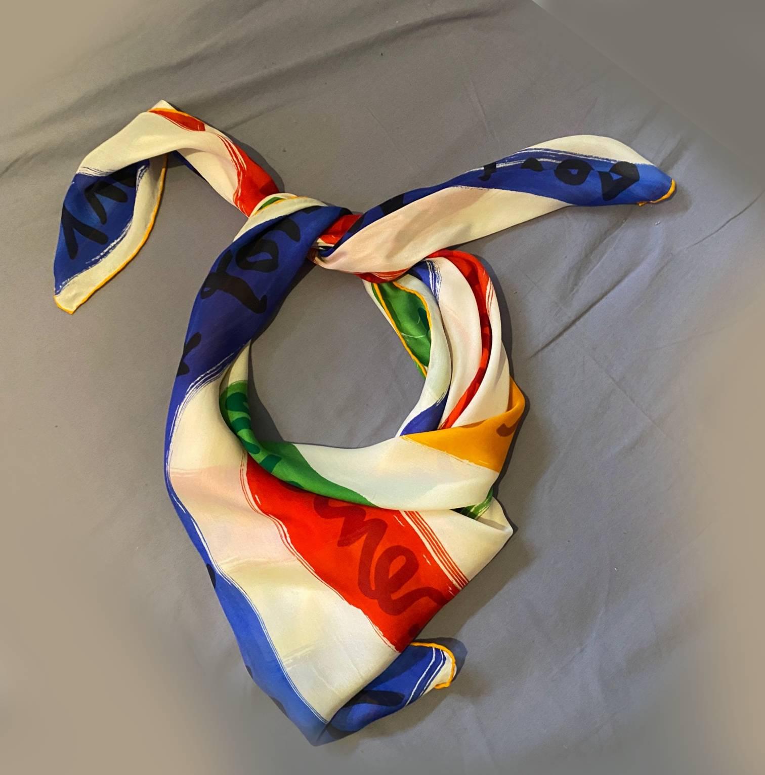 Beige 1980s Yves Saint Laurent Multicolor Stripe Silk Chiffon Square Scarf