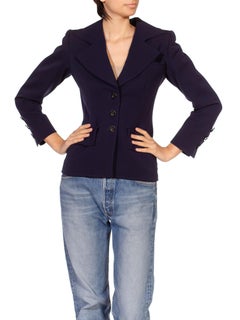 1980S YVES SAINT LAURENT Navy Blue Haute Couture Wool Wide Lapel Blazer