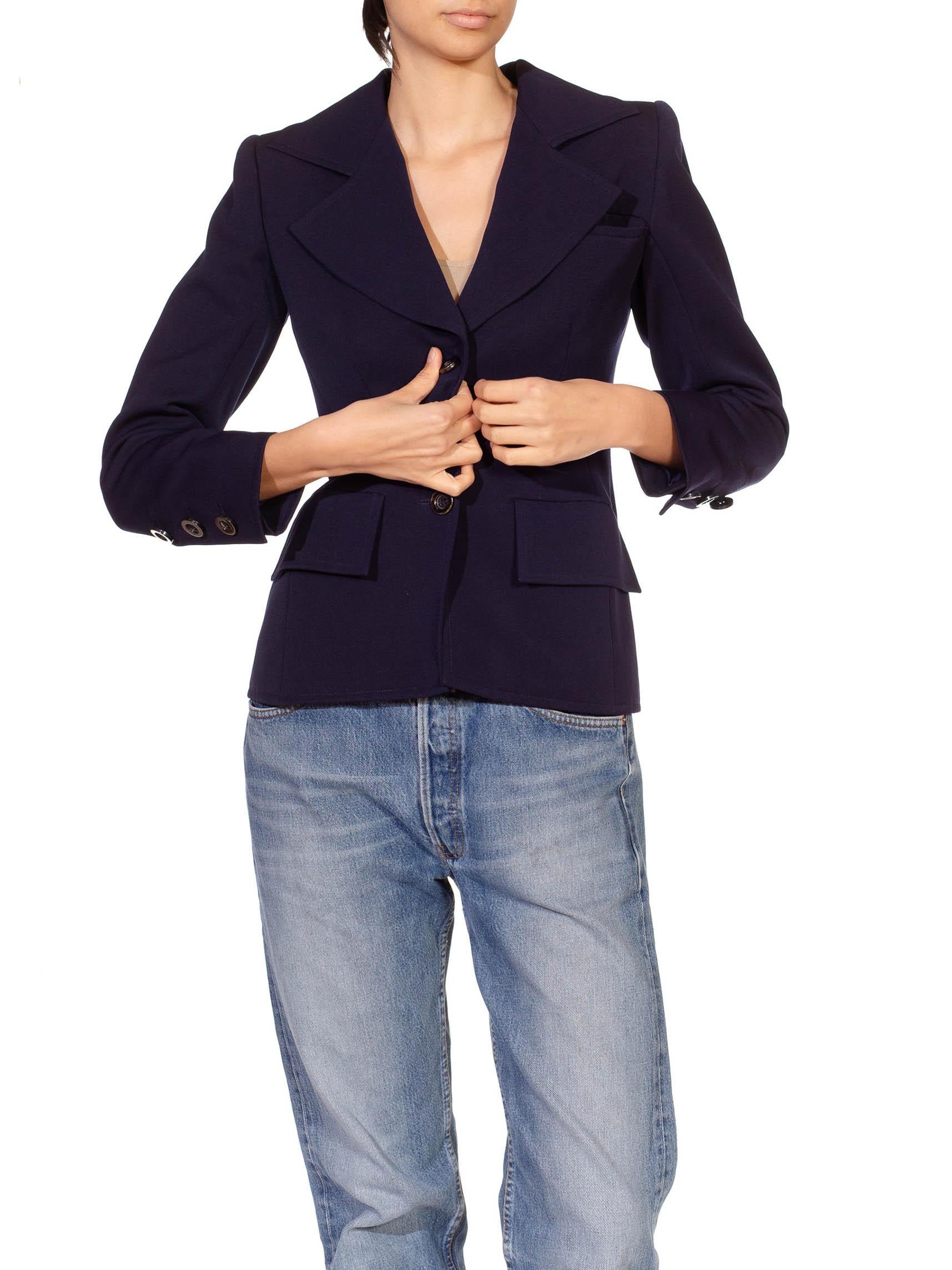 Women's 1980S YVES SAINT LAURENT Navy Blue Haute Couture Wool Wide Lapel Blazer For Sale