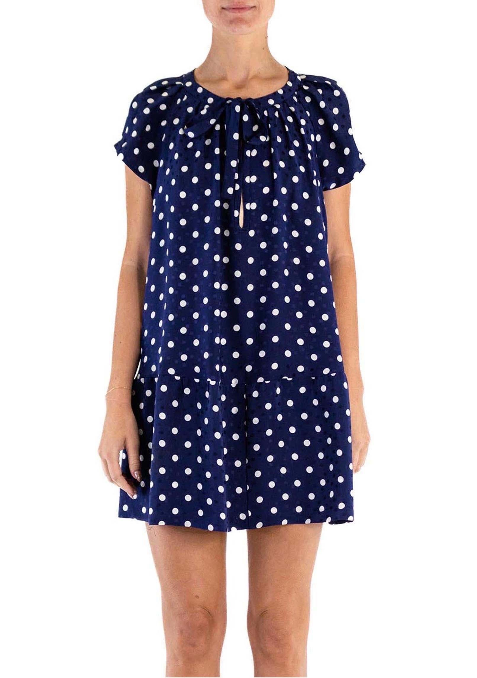 1980S YVES SAINT LAURENT Navy Blue Polka Dot Silk Jacquard Baby Doll Dress In Excellent Condition For Sale In New York, NY
