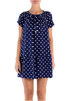 1980S YVES SAINT LAURENT Navy Blue Polka Dot Silk Jacquard Baby Doll Dress