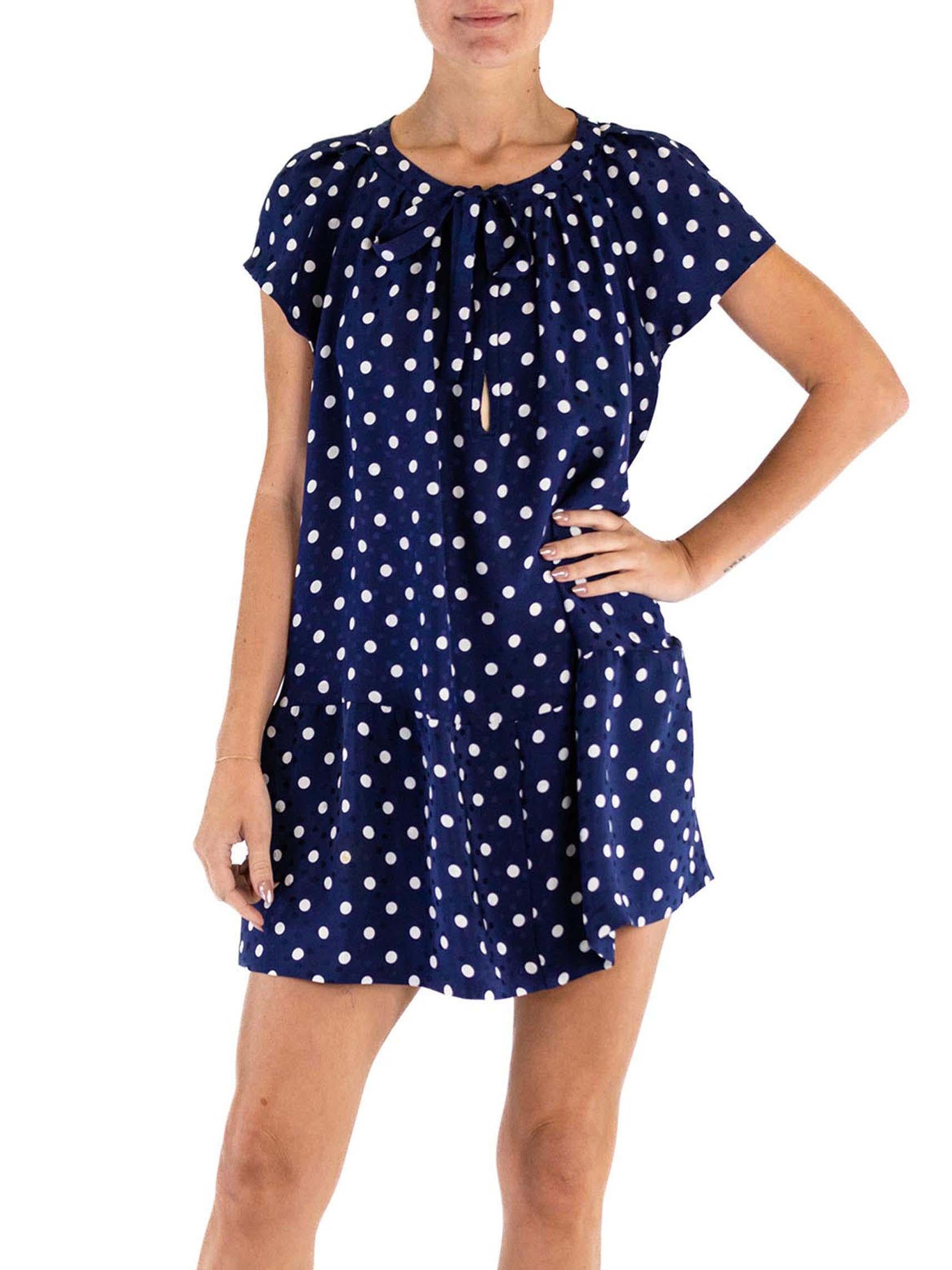 1980S YVES SAINT LAURENT Navy Blue Polka Dot Silk Jacquard Baby Doll Dress For Sale 3