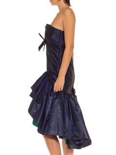 1980S YVES SAINT LAURENT Navy & Green Silk Taffeta Ruffle Tiered Strapless Cock