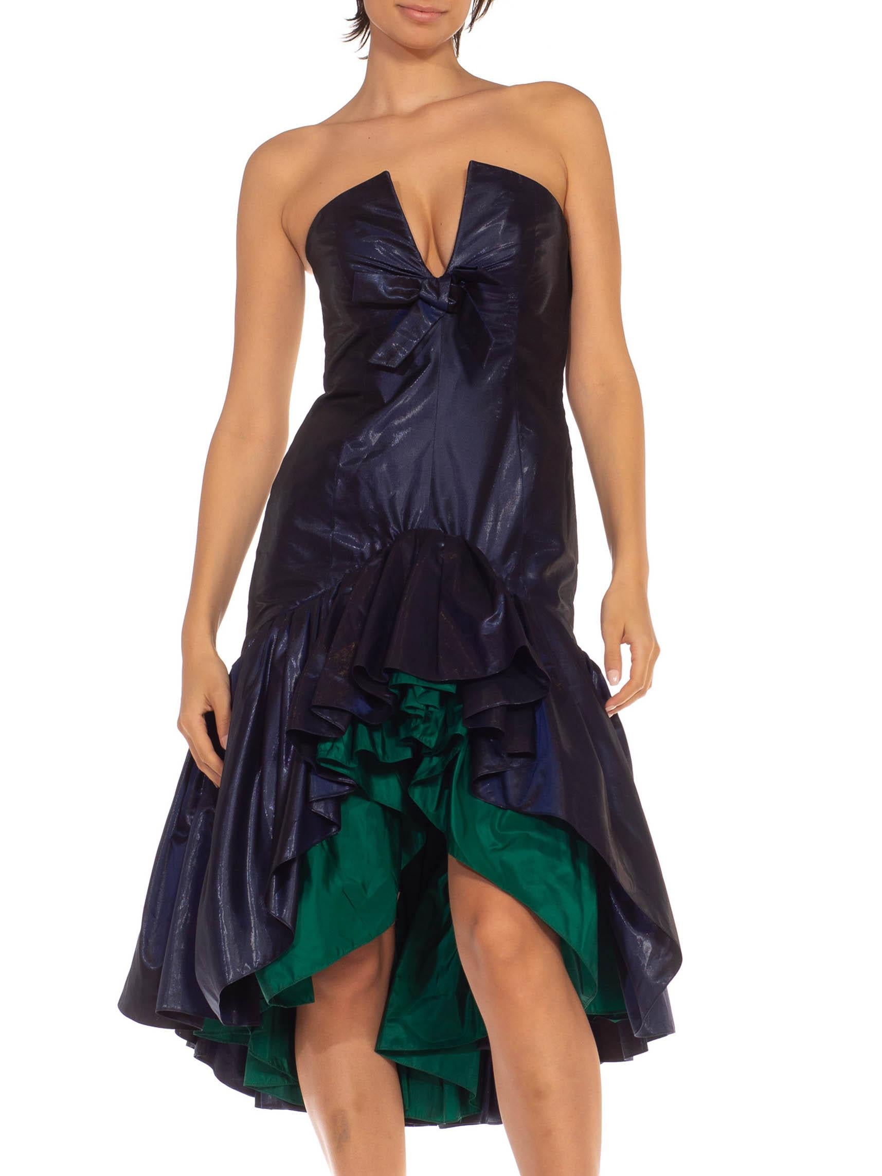 1980S Yves Saint Laurent Navy & Green Silk Taffeta Ruffle Tiered Strapless Cock In Excellent Condition For Sale In New York, NY