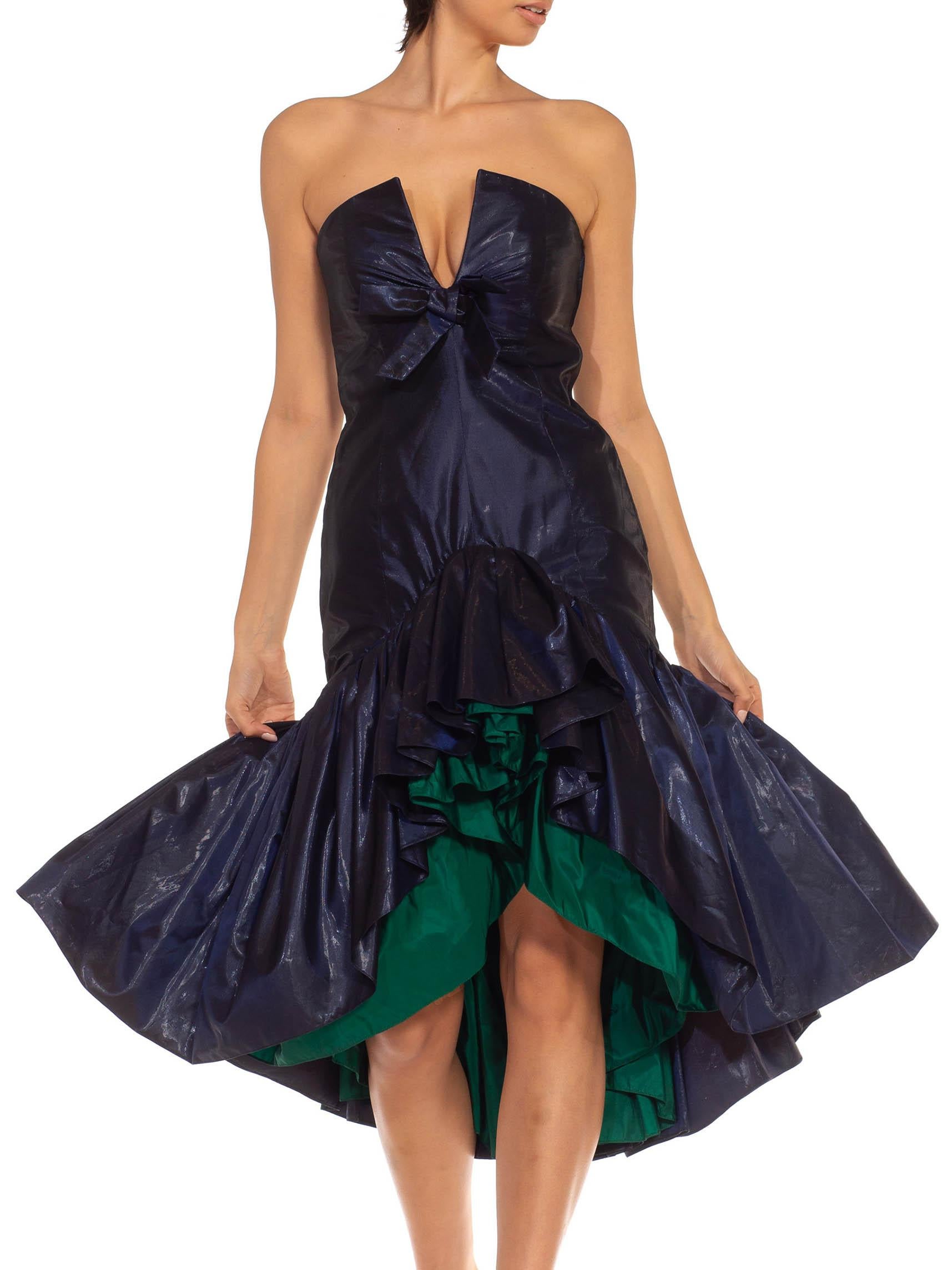 Women's 1980S Yves Saint Laurent Navy & Green Silk Taffeta Ruffle Tiered Strapless Cock For Sale