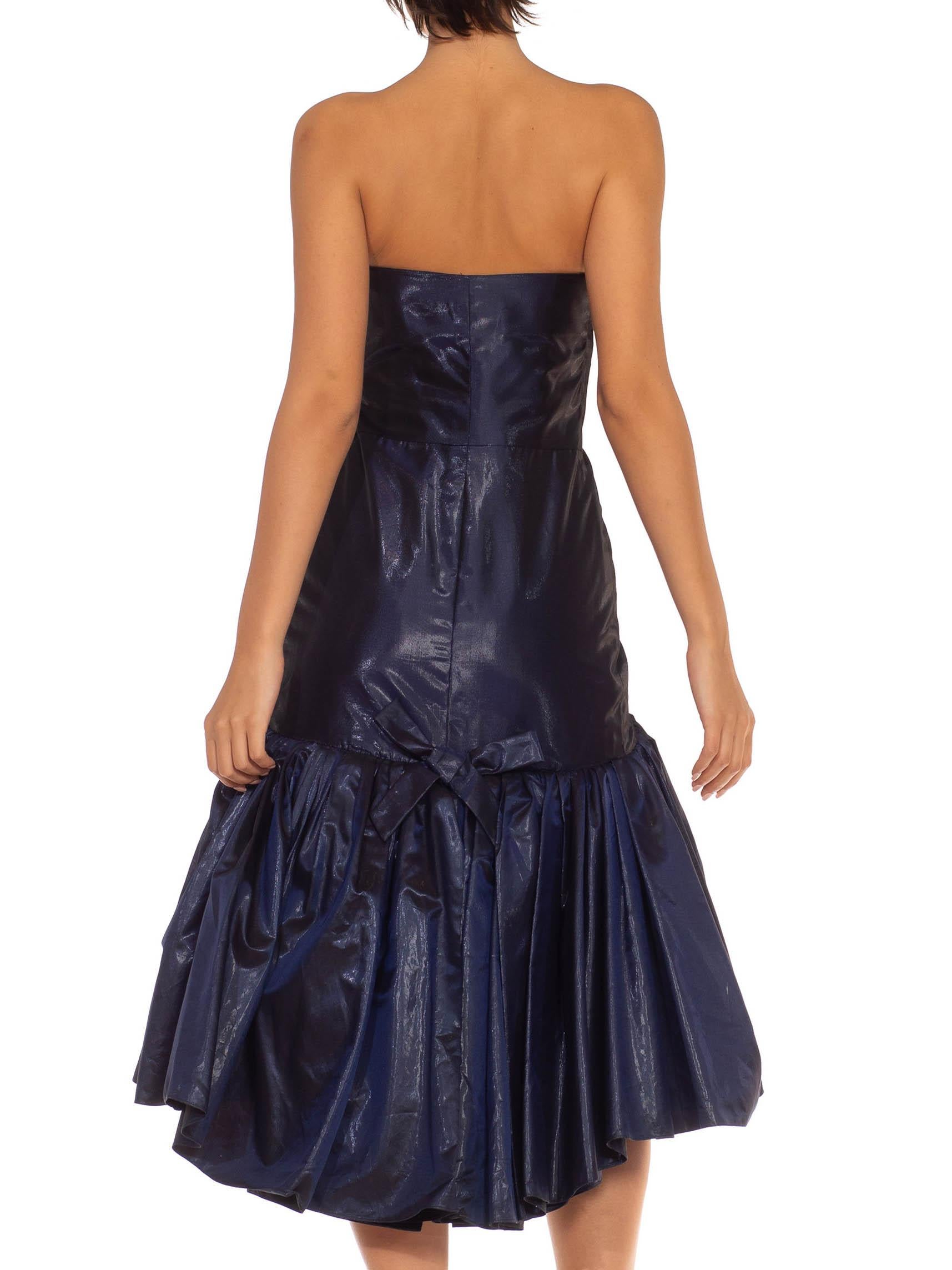1980S YVES SAINT LAURENT Navy & Green Silk Taffeta Ruffle Tiered Strapless Cock For Sale 3