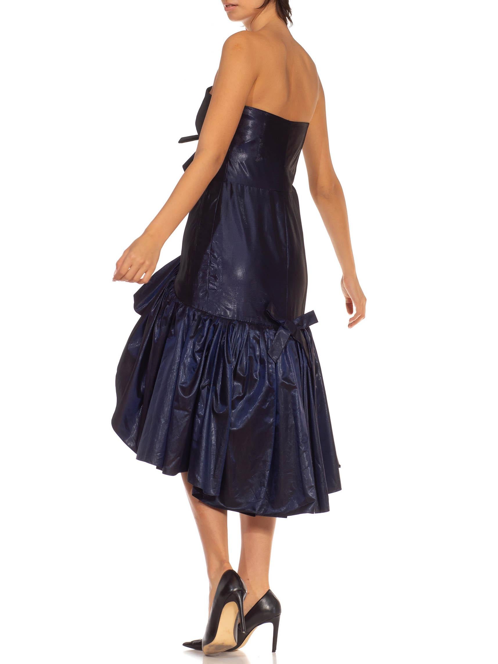 1980S YVES SAINT LAURENT Navy & Green Silk Taffeta Ruffle Tiered Strapless Cock For Sale 4