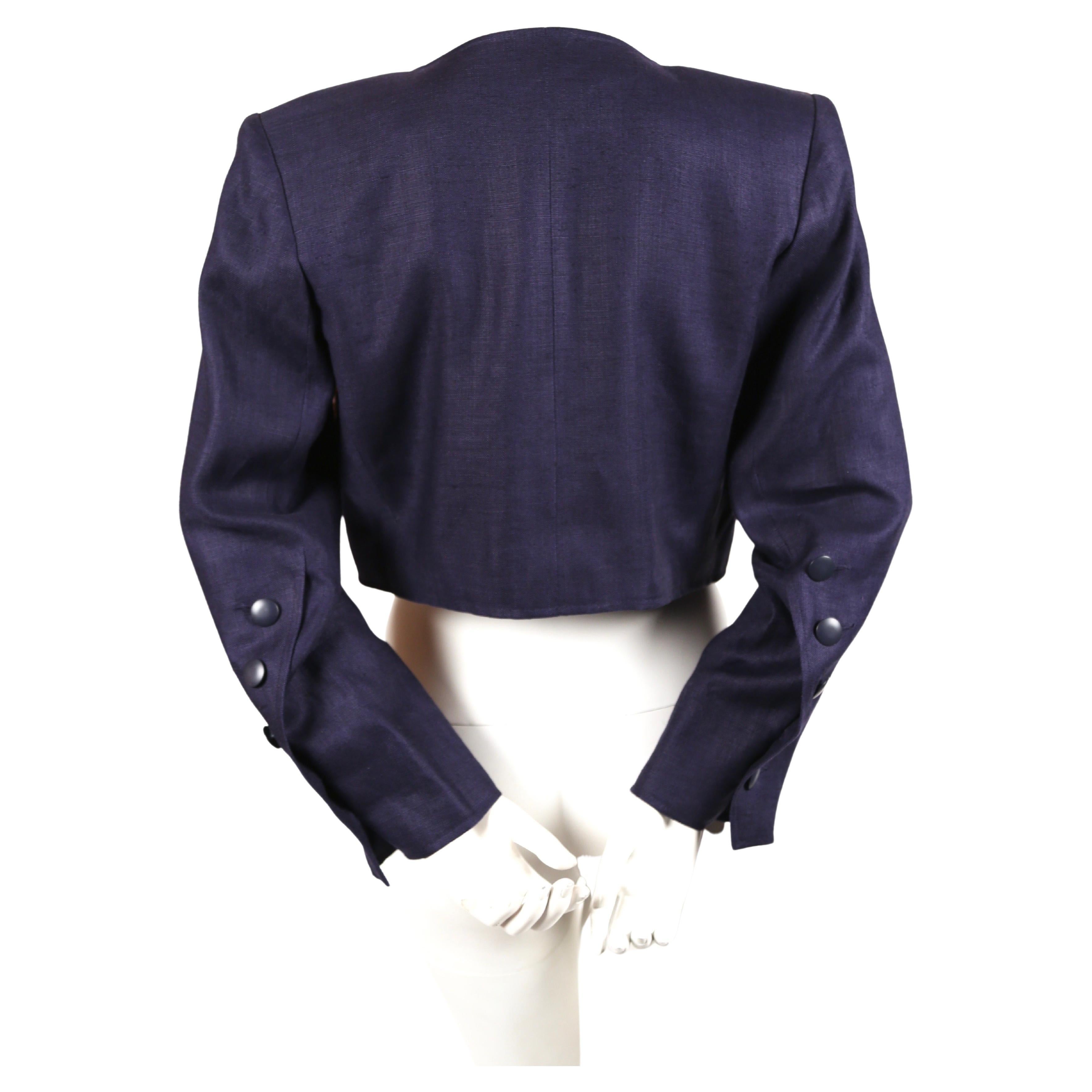 1980er Jahre YVES SAINT LAURENT marineblaue Jacke in Kurzform mit Soutache und Perlen bestickt im Zustand „Gut“ im Angebot in San Fransisco, CA