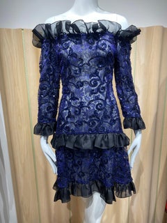 1980s Yves Saint Laurent Off Shoulder Blue Ruffles Silk Cocktail Dress