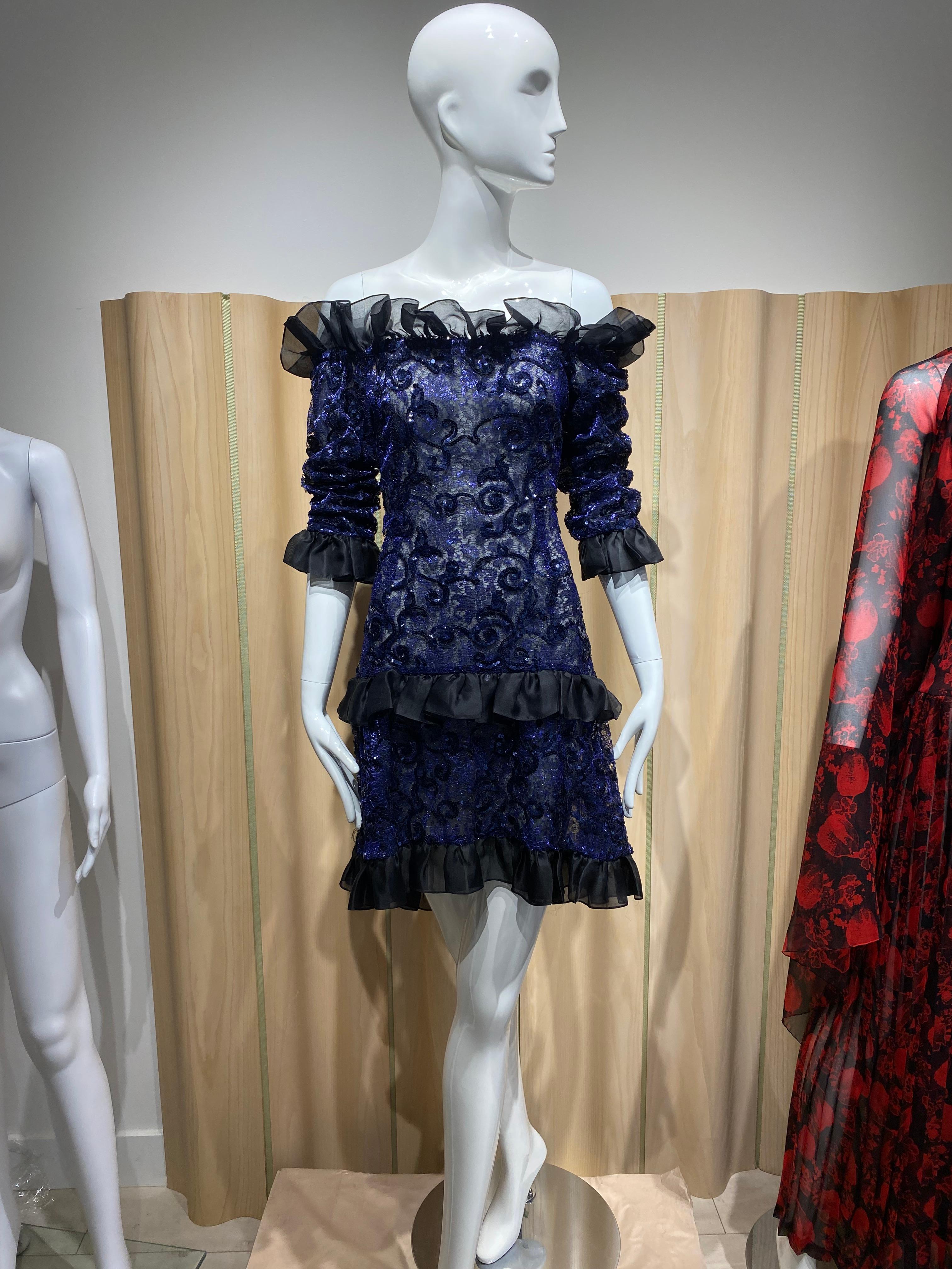 Black 1980s Yves Saint Laurent Off Shoulder Blue Ruffles Silk Cocktail Dress For Sale