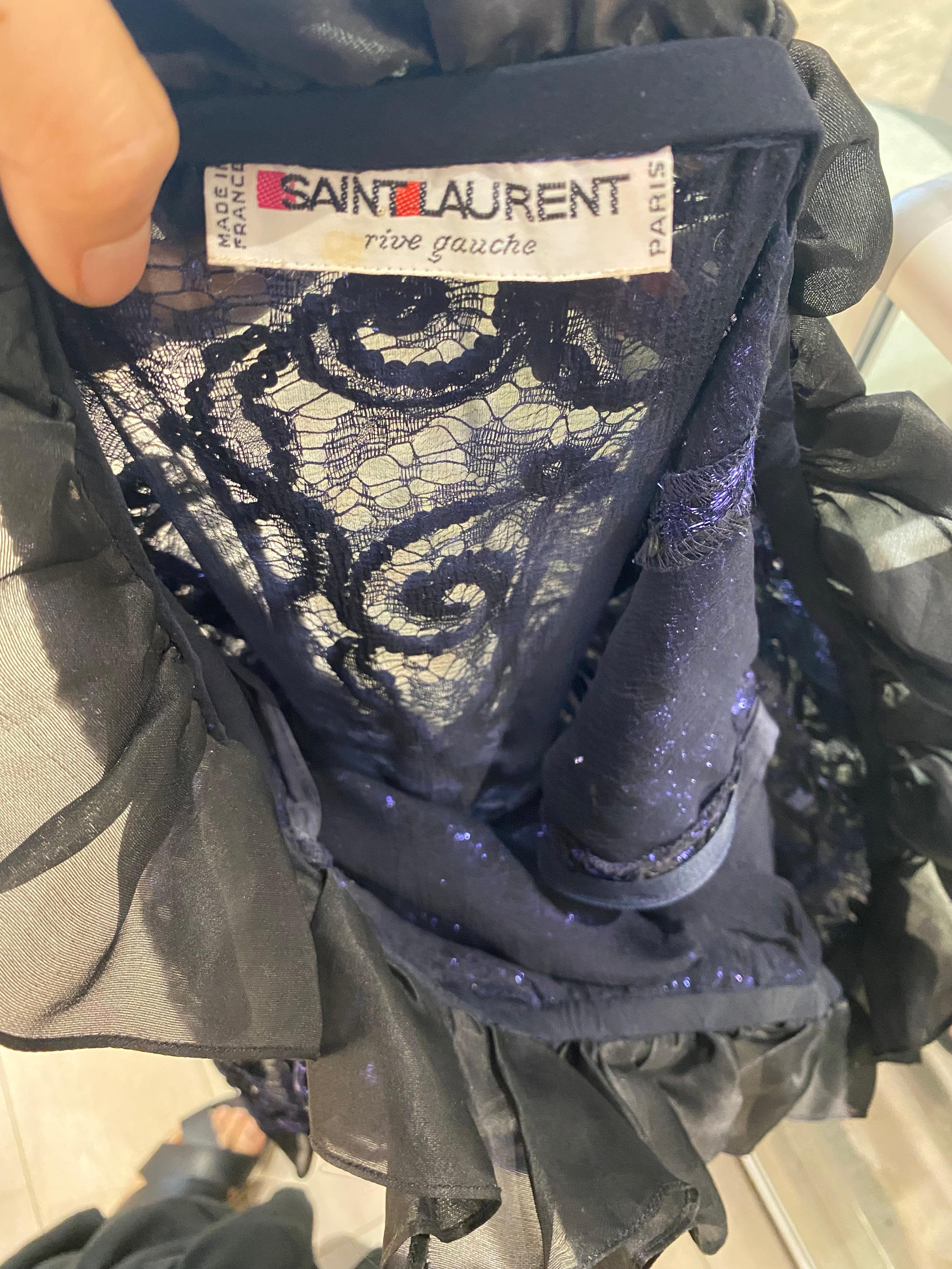 Women's 1980s Yves Saint Laurent Off Shoulder Blue Ruffles Silk Cocktail Dress For Sale