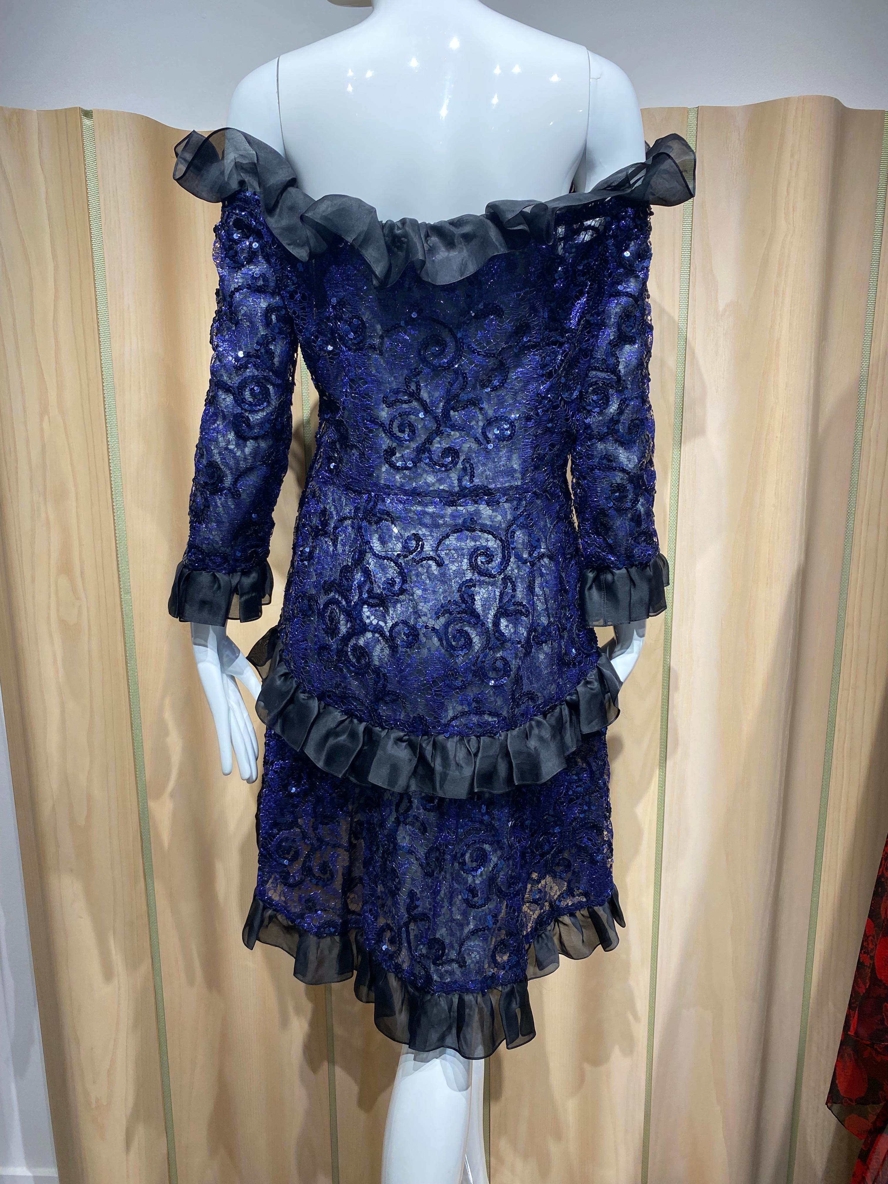 1980s Yves Saint Laurent Off Shoulder Blue Ruffles Silk Cocktail Dress For Sale 1