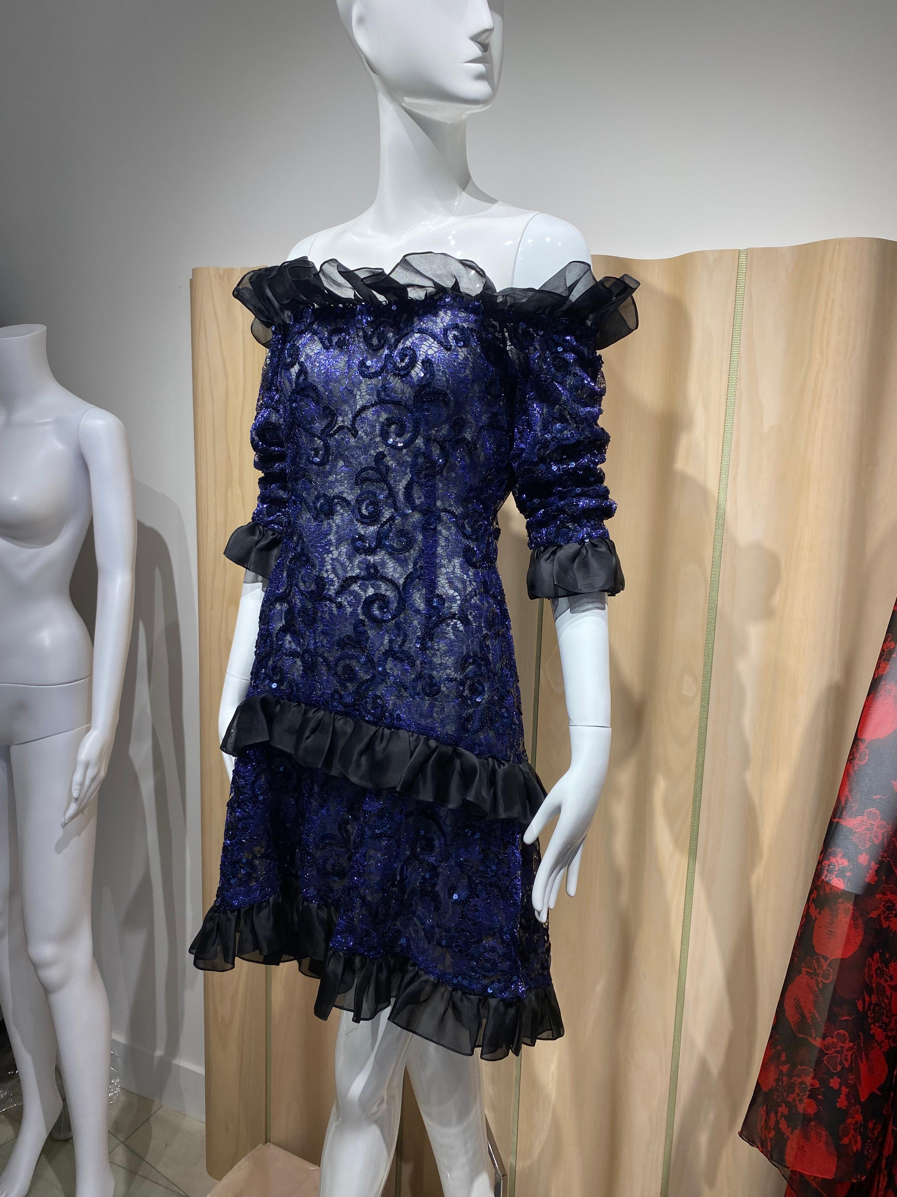 1980s Yves Saint Laurent Off Shoulder Blue Ruffles Silk Cocktail Dress For Sale 2