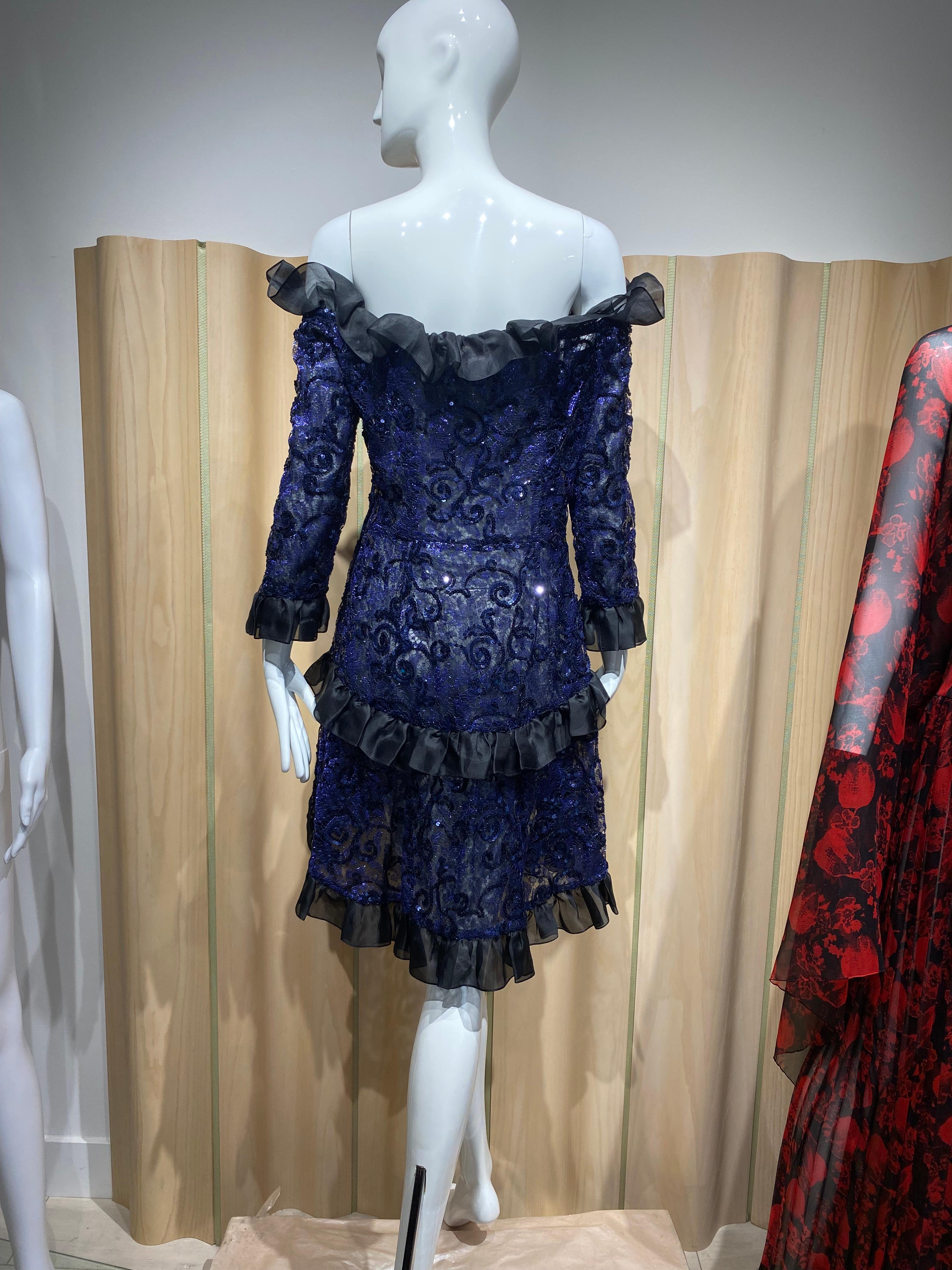 1980s Yves Saint Laurent Off Shoulder Blue Ruffles Silk Cocktail Dress For Sale 3