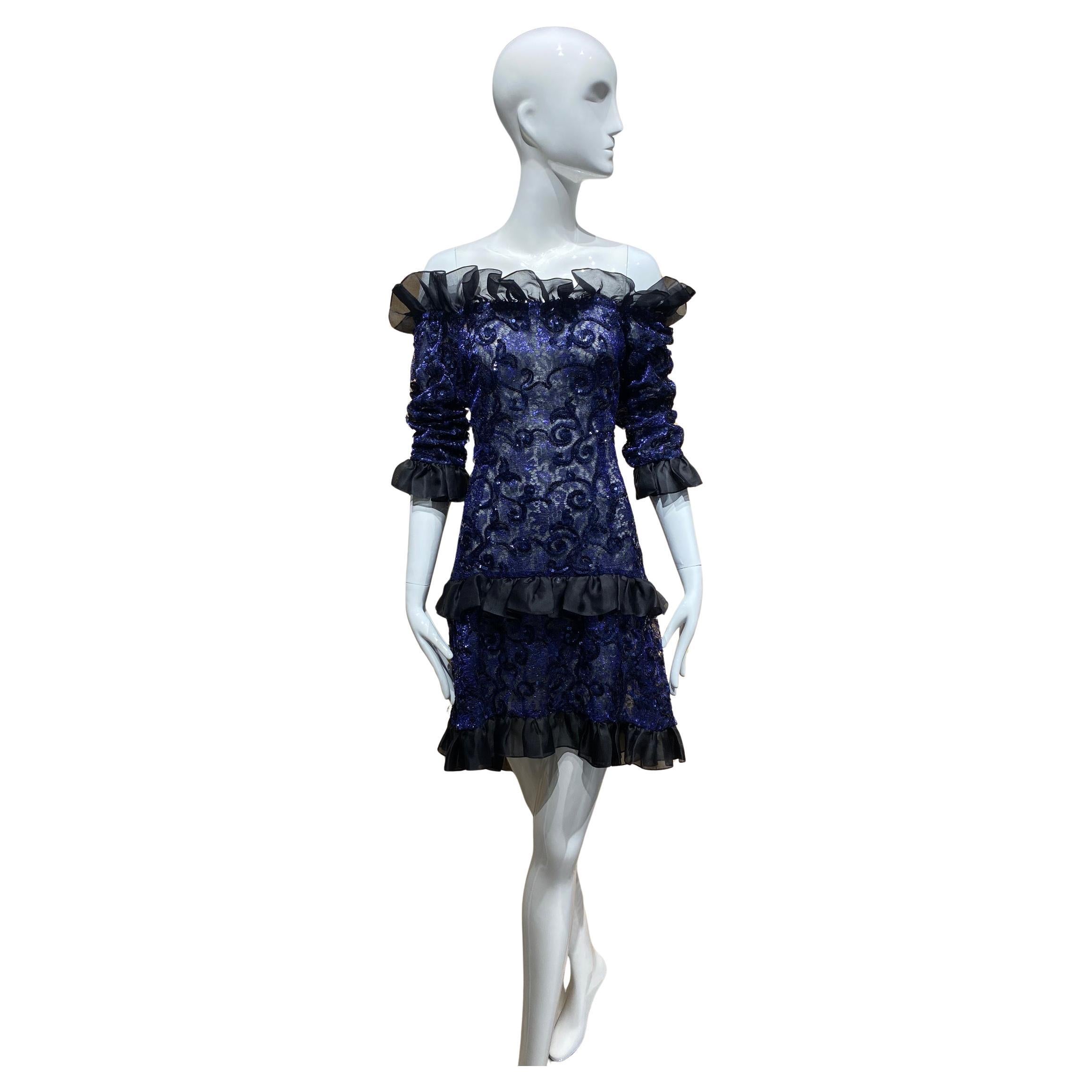 1980s Yves Saint Laurent Off Shoulder Blue Ruffles Silk Cocktail Dress For Sale
