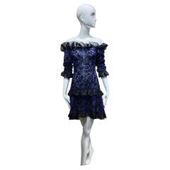 1980s Yves Saint Laurent Off Shoulder Blue Ruffles Silk Cocktail Dress