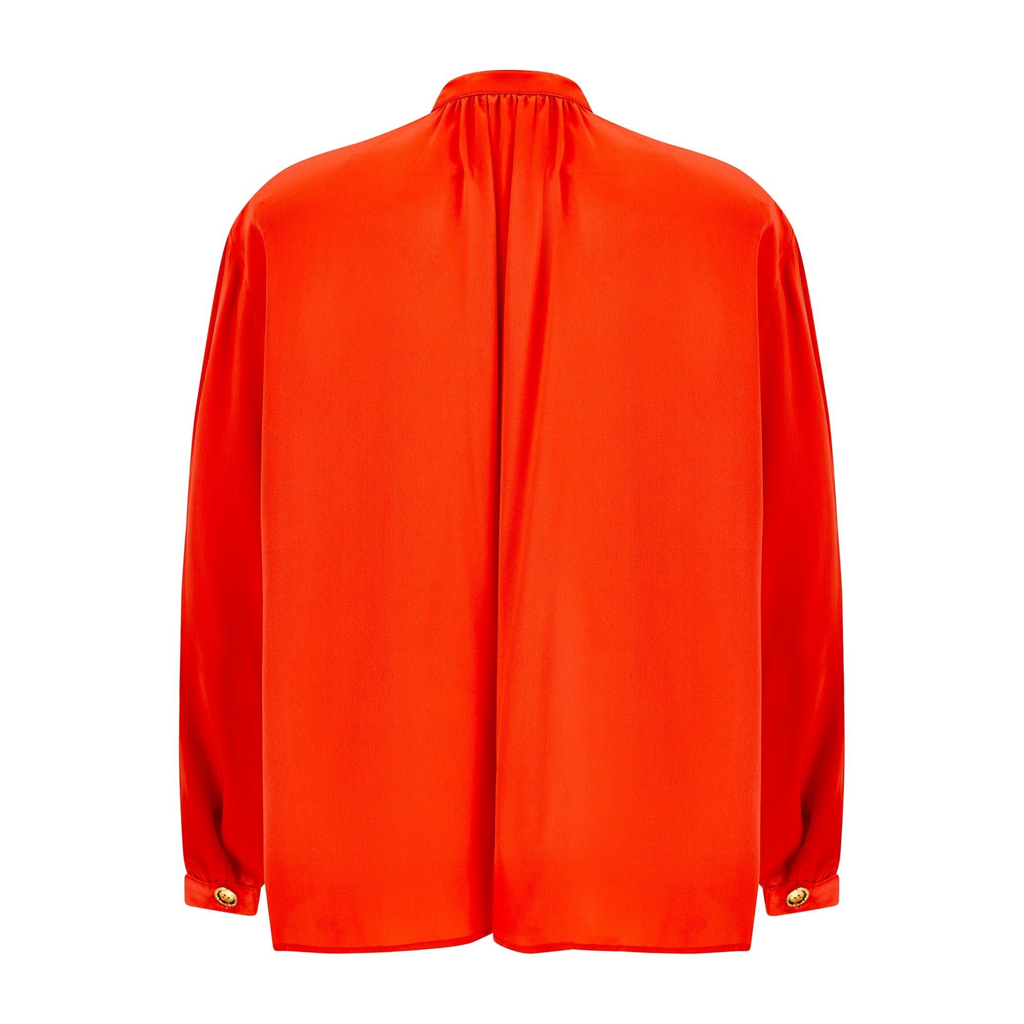 Red 1980s Yves Saint Laurent Orange High Necked Silk Blouse For Sale